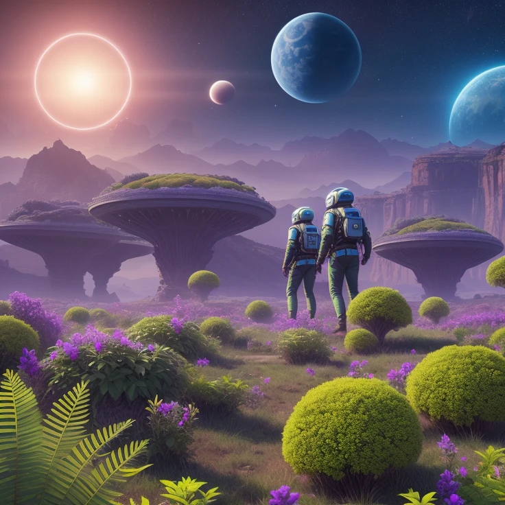 alien world with vivid plants, strange creatures, astronauts from earth exploring, realistic, cinematic, 8k-variation --v 6