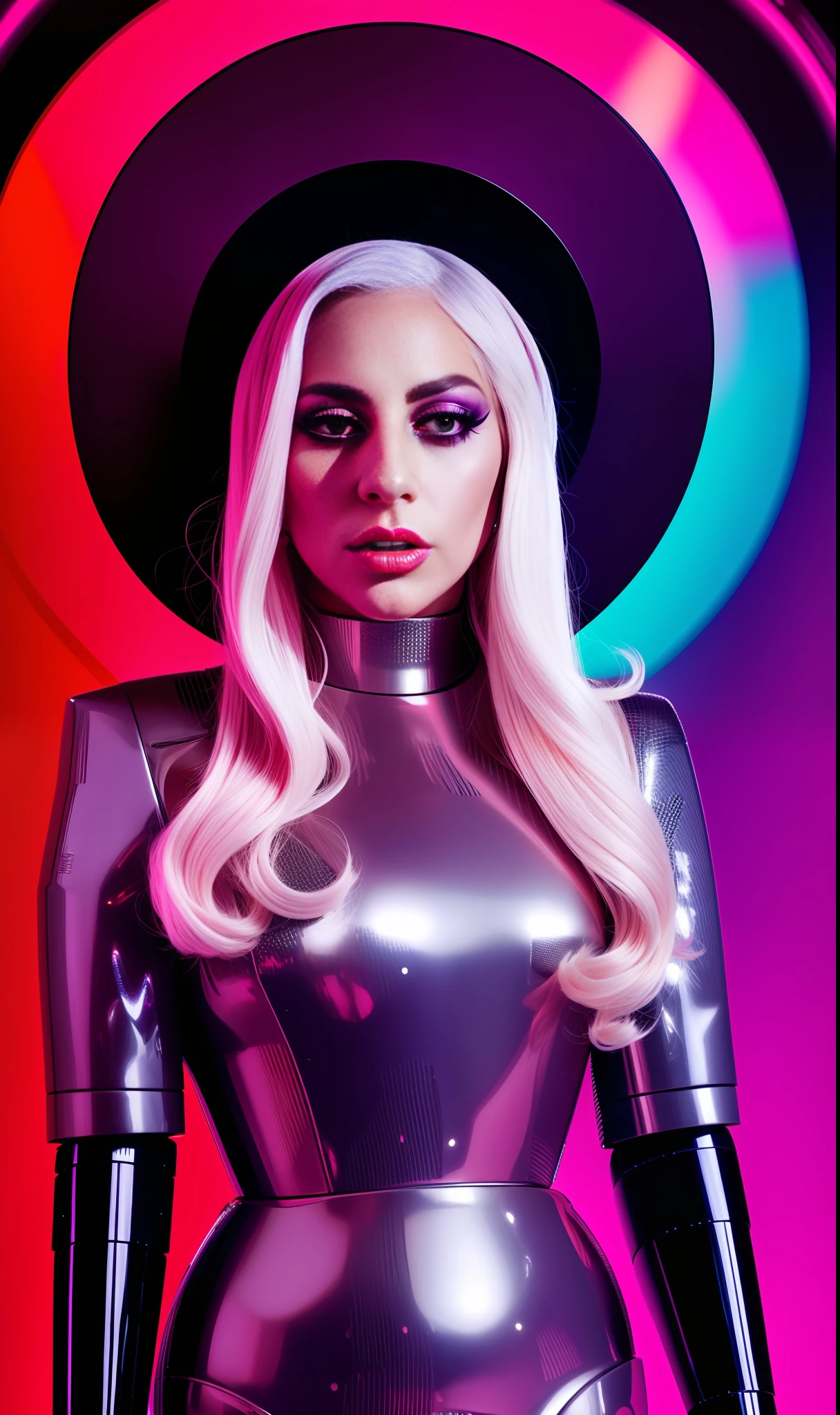 Photo of lady gaga as a robot, 4K texture, long hair, high quality, unique makeup, original hairstyle