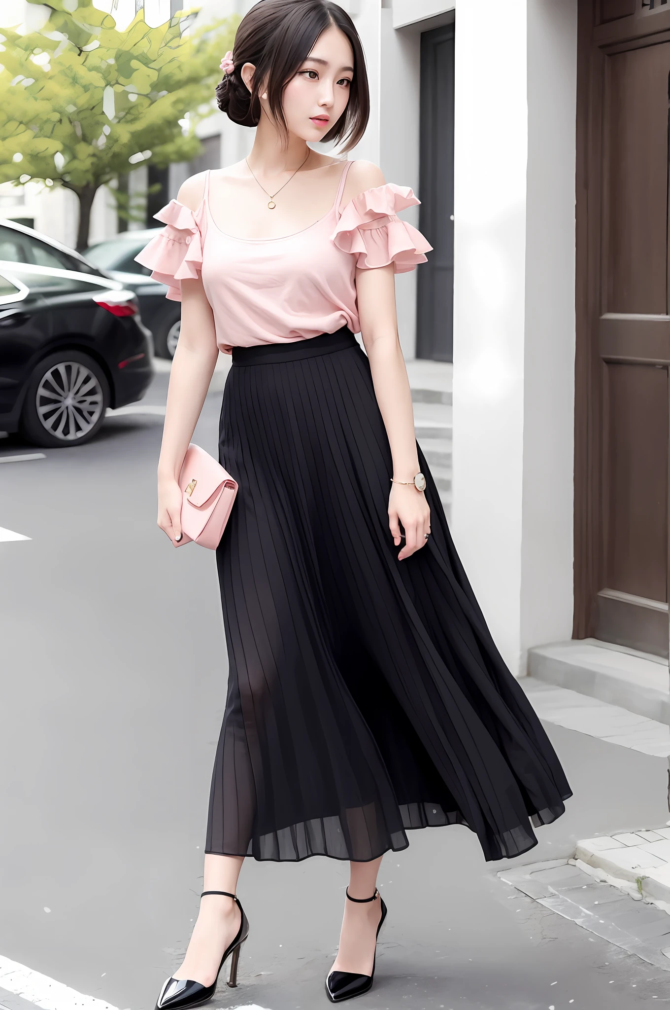 Fashion trendy beautiful and charming woman, gentle and charming Chinese beautiful woman, delicate and sexy collarbone, charming oval face, double eyelids, smart peach blossom eyes, pink lips, small nose, bare shoulders, focus on the face, close-up of the face, Ultra-high-definition, super-detailed, fringed skirts that sway with the girl's steps are also a must-have for fashionable girls. A light and flexible fringed skirt is very fashionable when paired with trendy and casual T-shirts and shirts. At the same time, a long swinging fringed skirt can also make you look taller and thinner