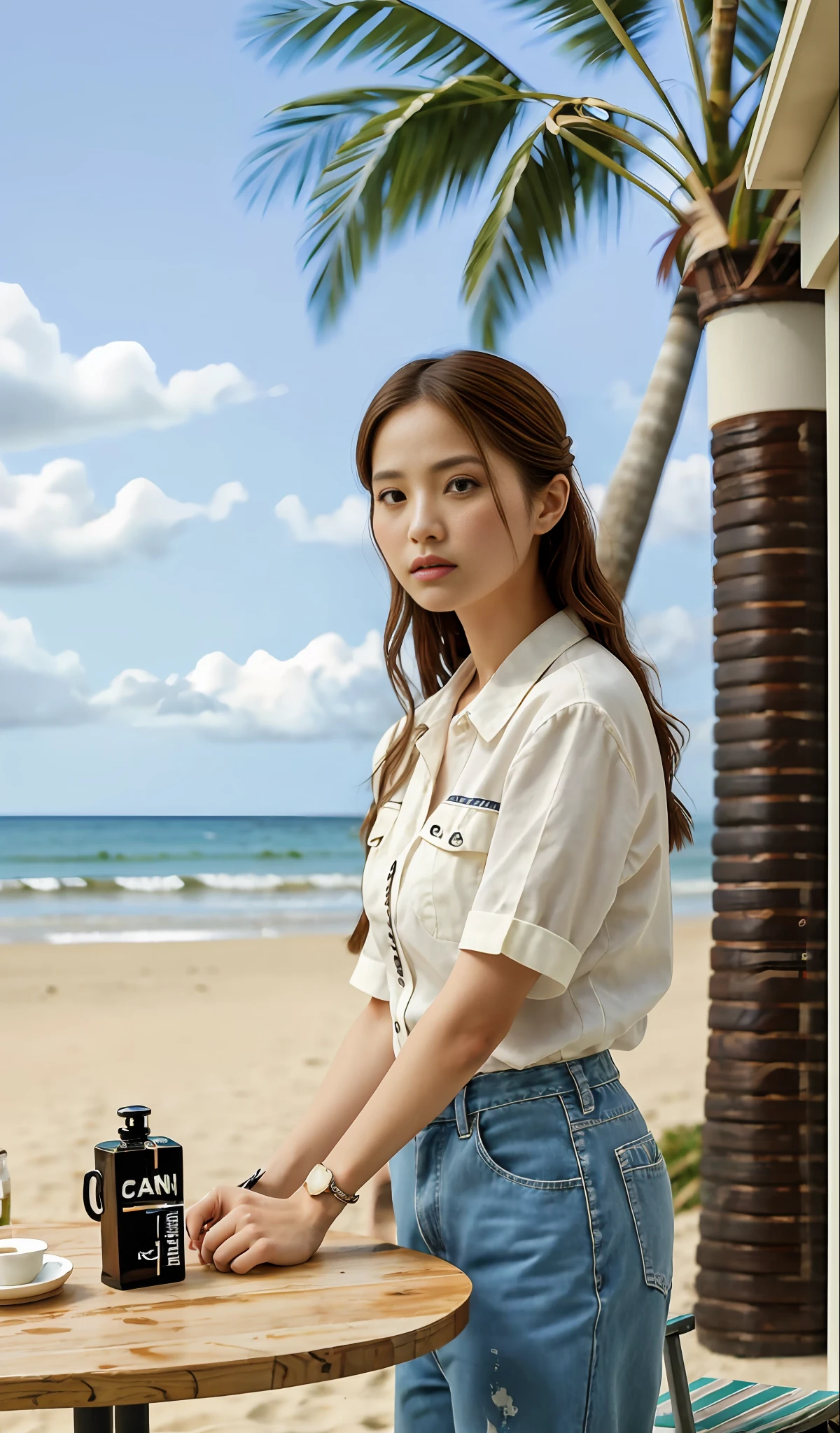 E-commerce female model photography, Hawaii seaside background, model height 1.68, sitting at a table drinking coffee, table with a (Chanel mini bag: 0.6), wearing Korean clothes, (realistic: 1.4), lower half wearing Korean pants, soft lighting, masterpieces, best quality, super realistic details, commercial photography, dynamic pose, 3D C4D, film, super realistic painting, 8k, midjourney art