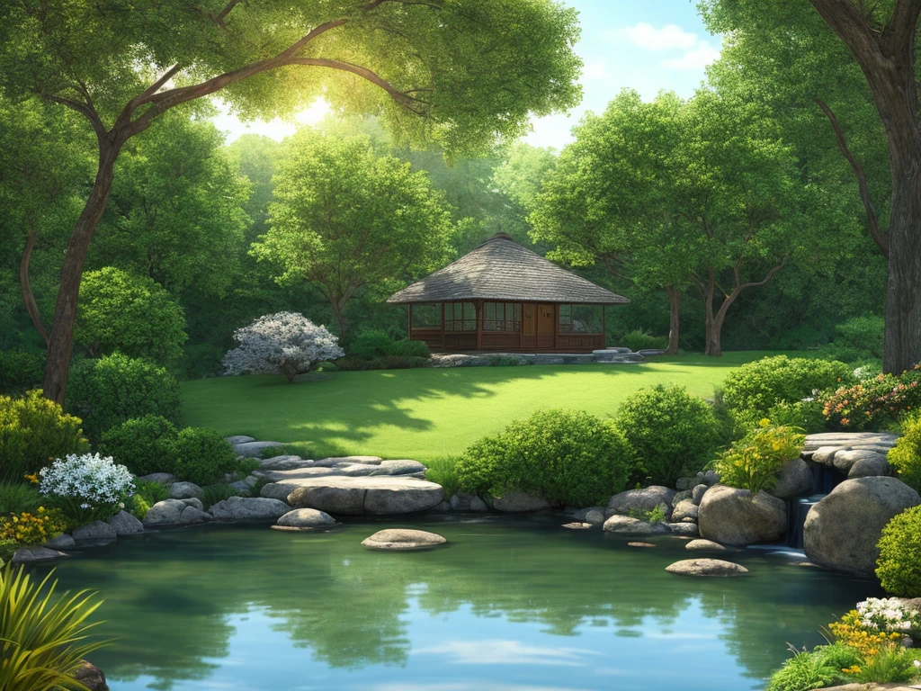 A serene place, very pleasant, beautiful, calm and beautifully landscaped. photorealistic, 8k uhd, studio quality, ultra realistic, maximum detail, large scale, postprocessing, photorealistic, photorealistic, photoshop, photography, detailed, cinematic lighting, landscape, panorama, scenery, ray tracing, cinema4d