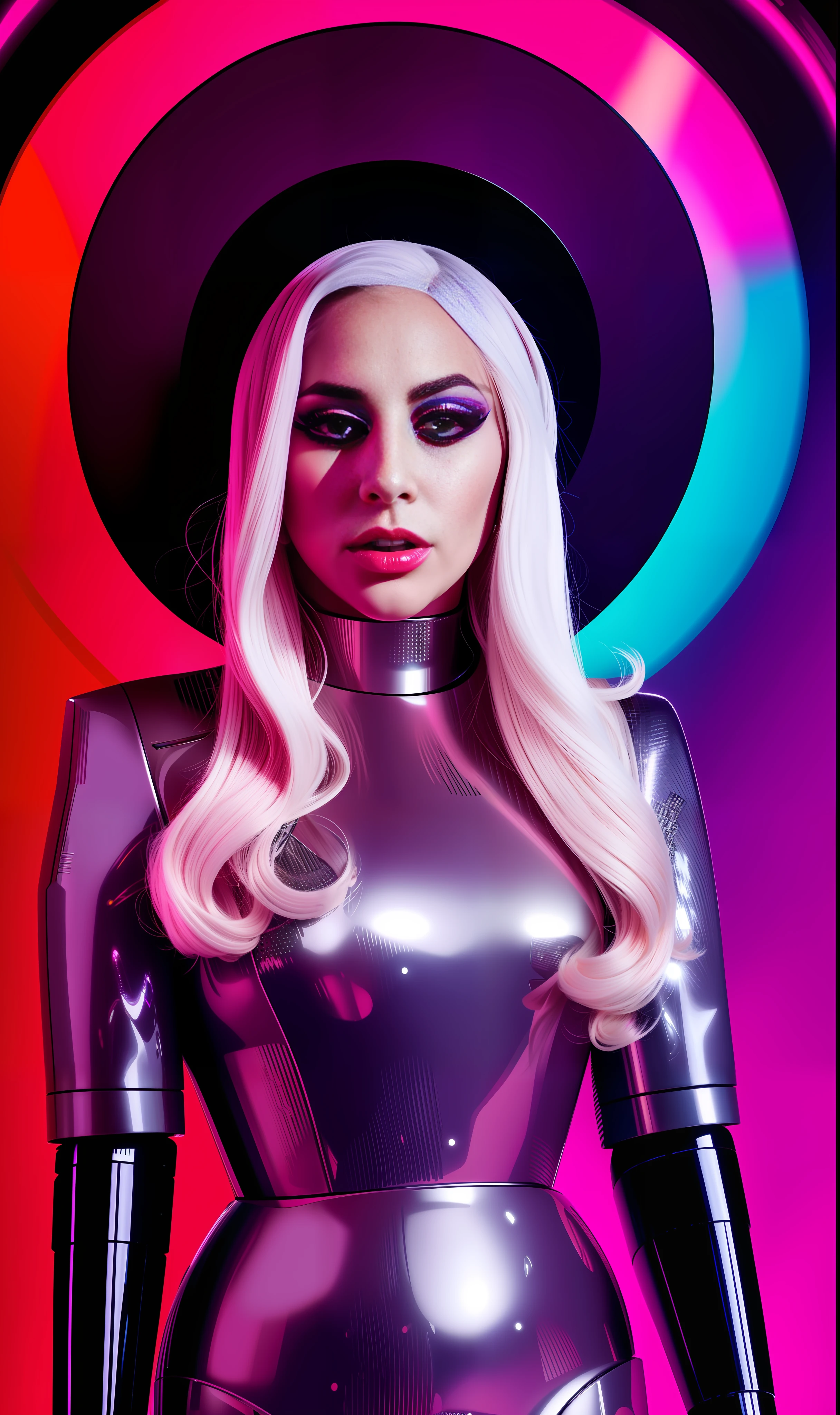 Photo of lady gaga as a robot, 4K texture, long hair, high quality, unique makeup, original hairstyle