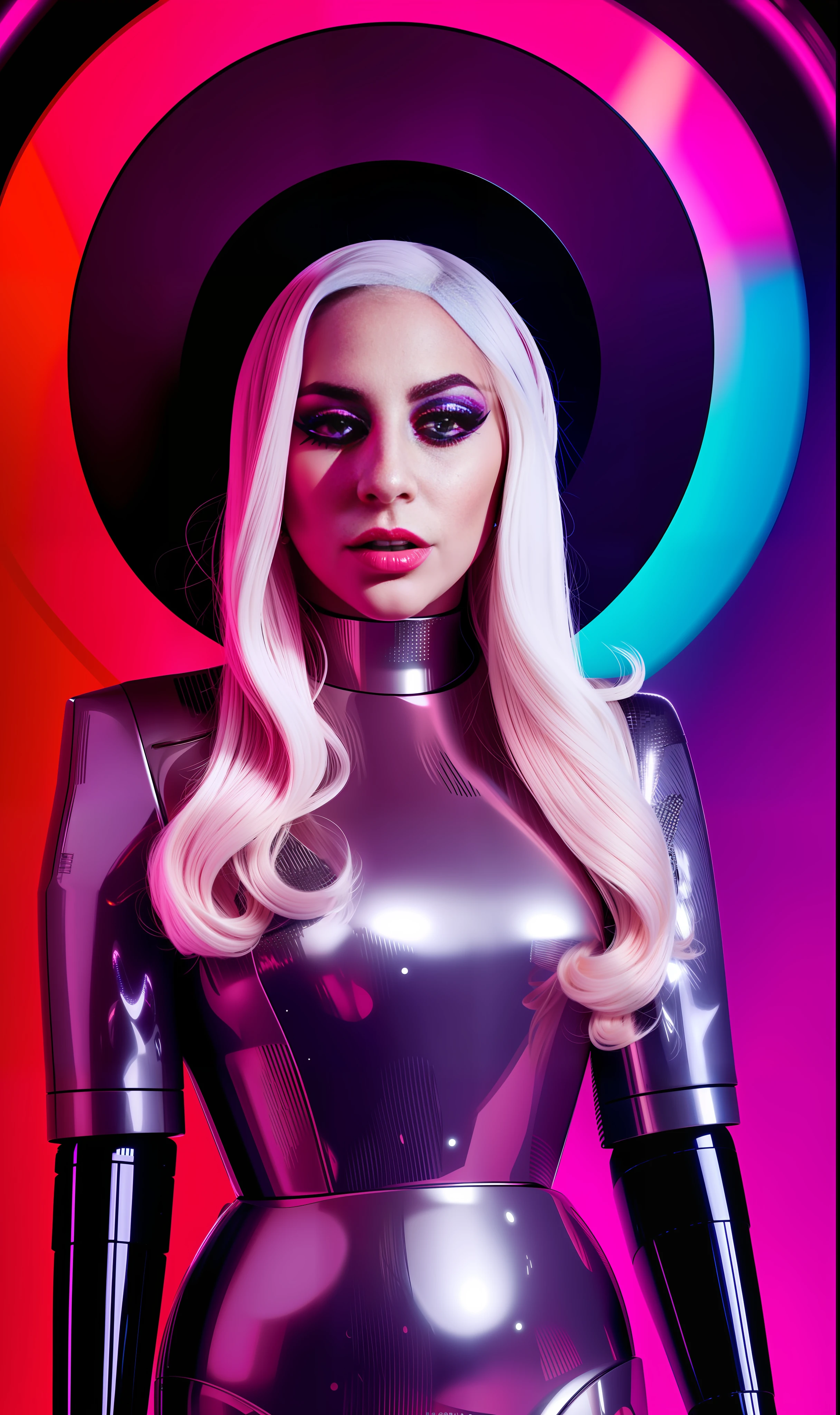 Photo of lady gaga as a robot, 4K texture, long hair, high quality, unique makeup, original hairstyle