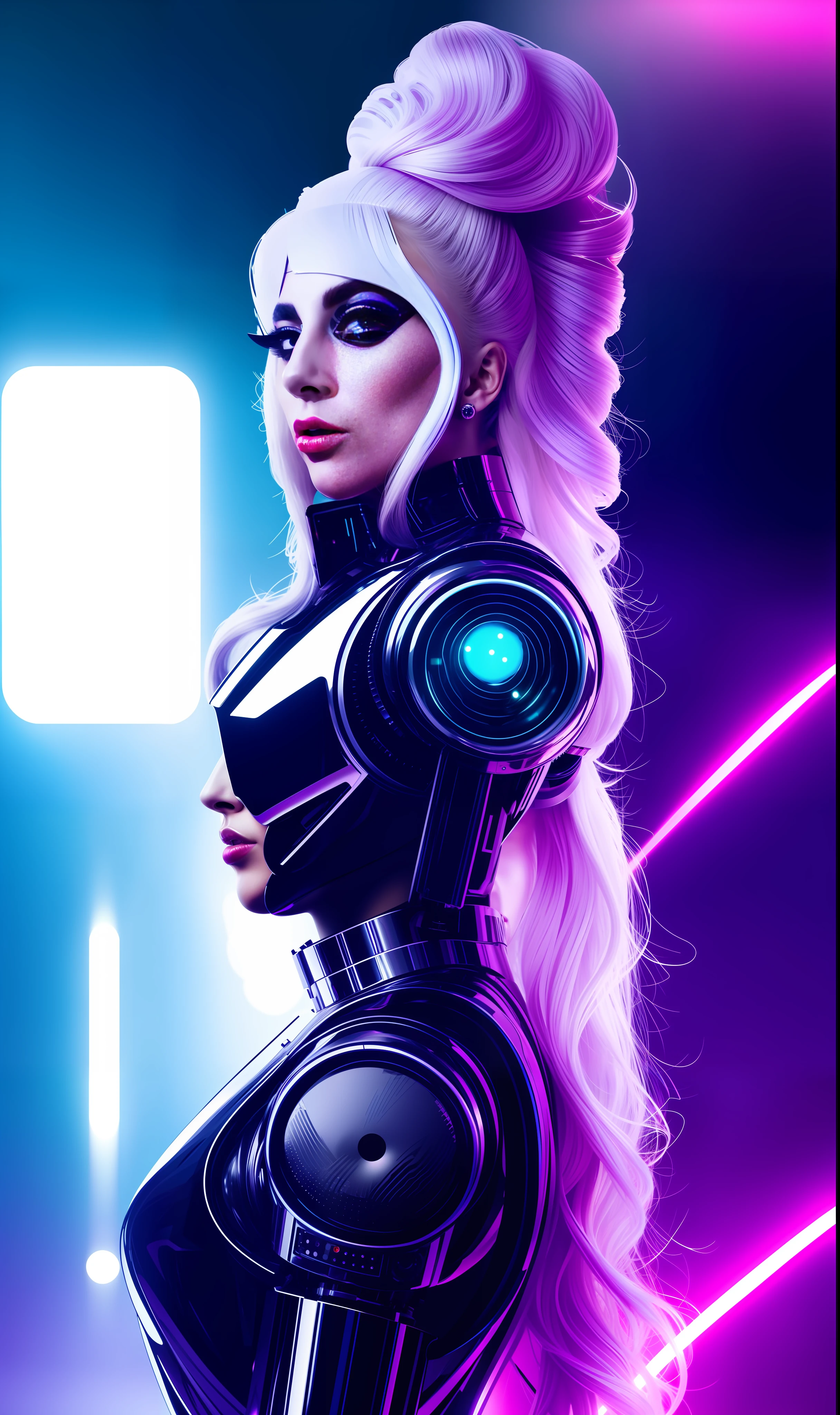 Photo of lady gaga as a robot, 4K texture, long hair, high quality, futuristic background, extravagant hairstyle, normal outfit