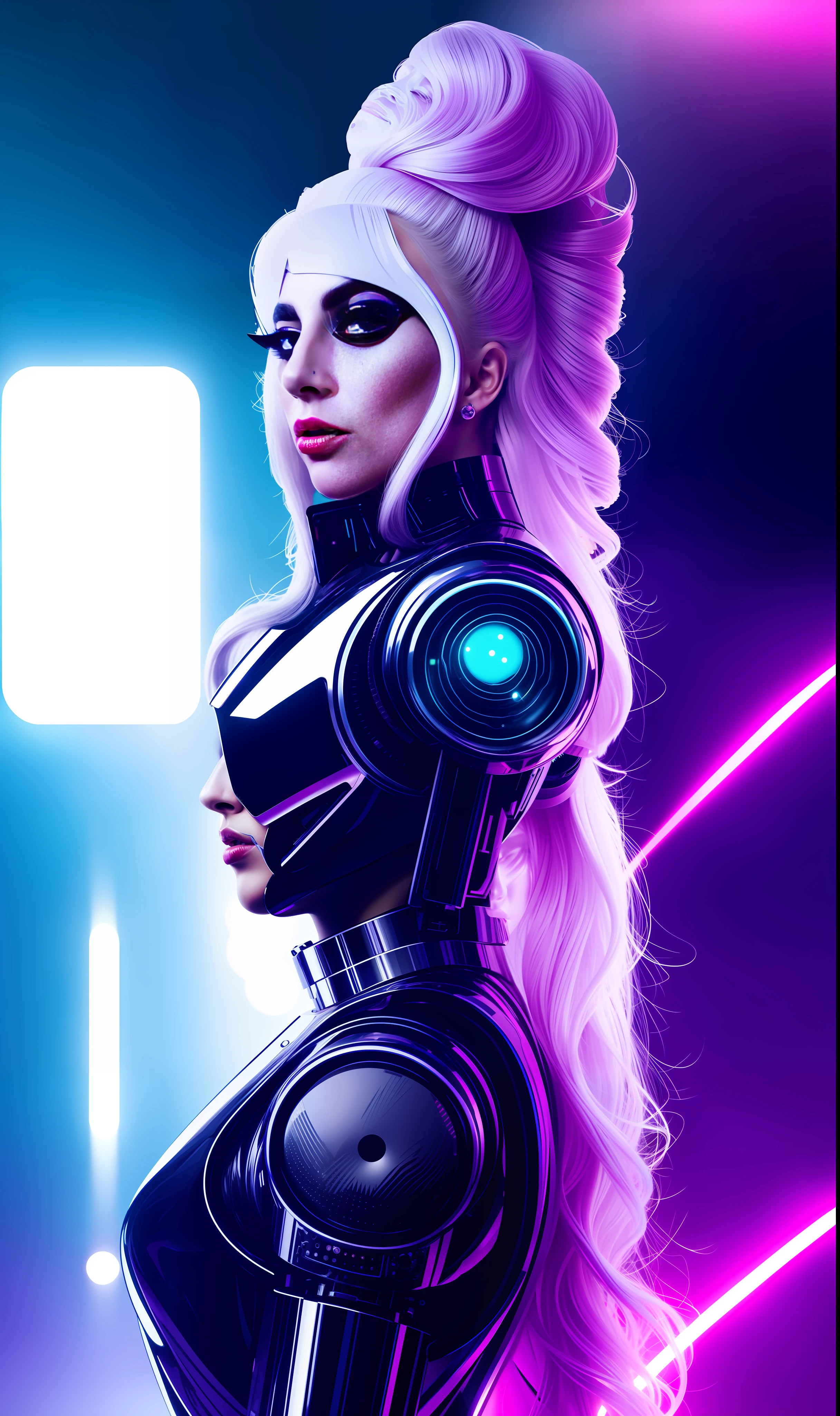 Photo of lady gaga as a robot, 4K texture, long hair, high quality, futuristic background, extravagant hairstyle, normal outfit
