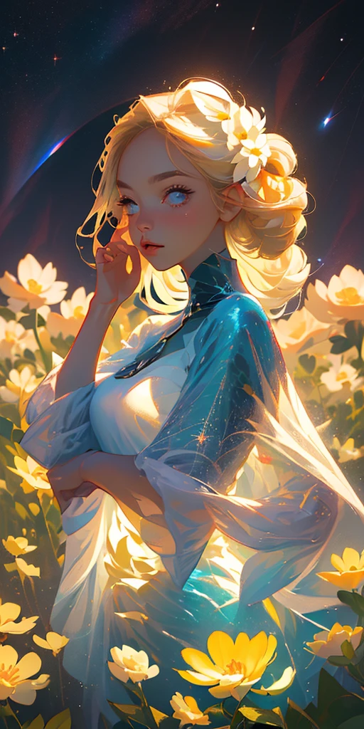 (best quality, masterpiece), 1girl, pose, particle, wind, flower, upper body, simple background, looking at viewer, blonde, galaxy,