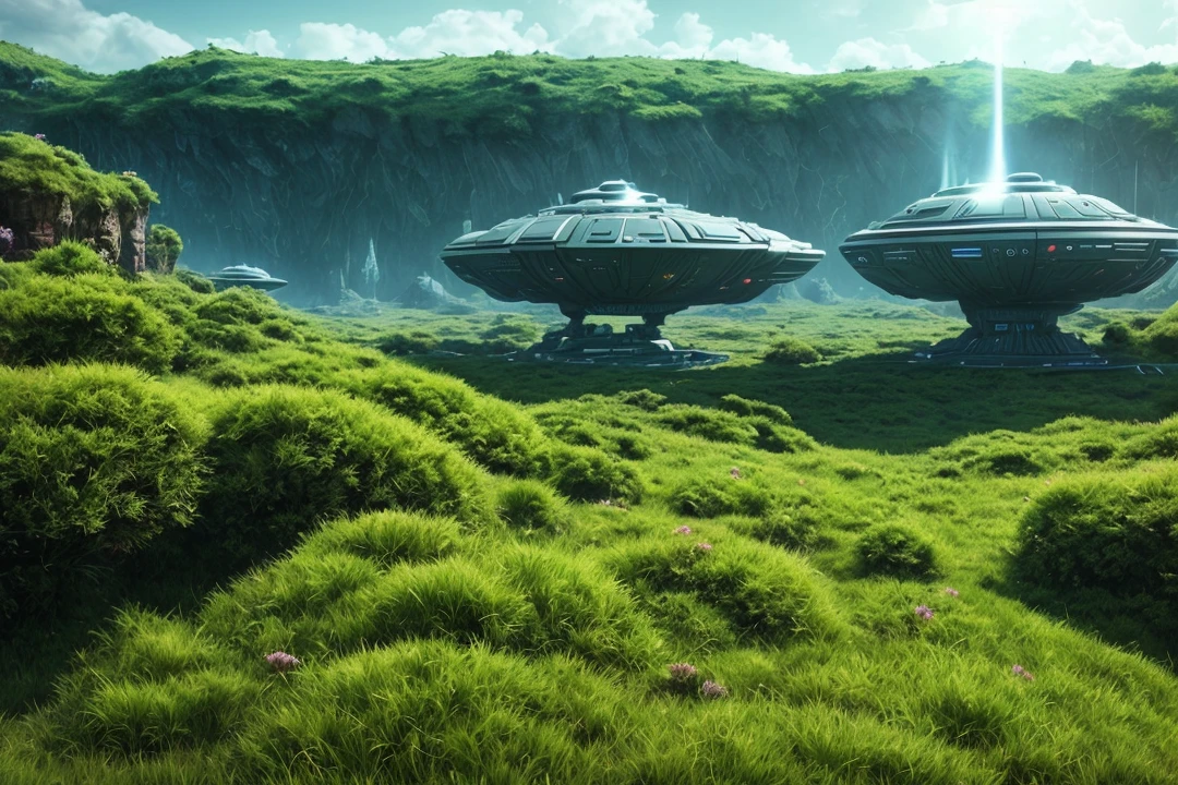 An English translation of the description "Aliens, real plants, a grassy planet environment, an alien battleship, a movie, 8K" would be: Aliens, real plants, a grassy planet environment, an alien battleship, a movie, and 8K.V4