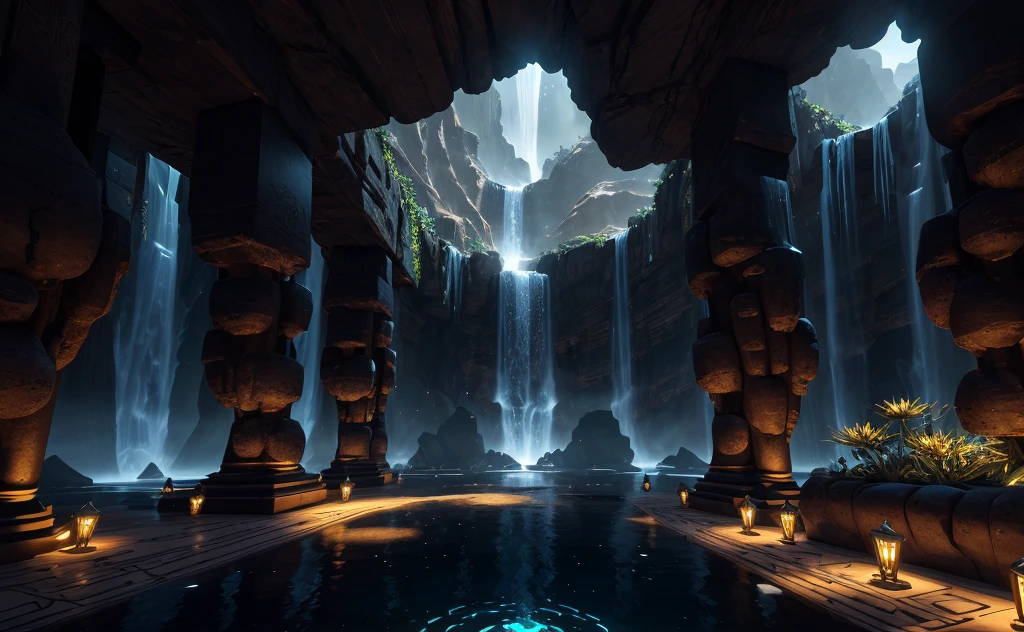 incredible black luxurious futuristic interior in Ancient Egyptian style with many lush plants (lotus flowers:1.5, palm trees:2, rocky walls, sand:1.5, waterfalls:1.2) marble, precious minerals: 2, metals, gemstones, crystals, clouds and water, crocodiles, hieroglyphics: 1.5, ultra luxury:2, black marble – with beautiful lights:1.5, Unreal Engine, HQ, 16k