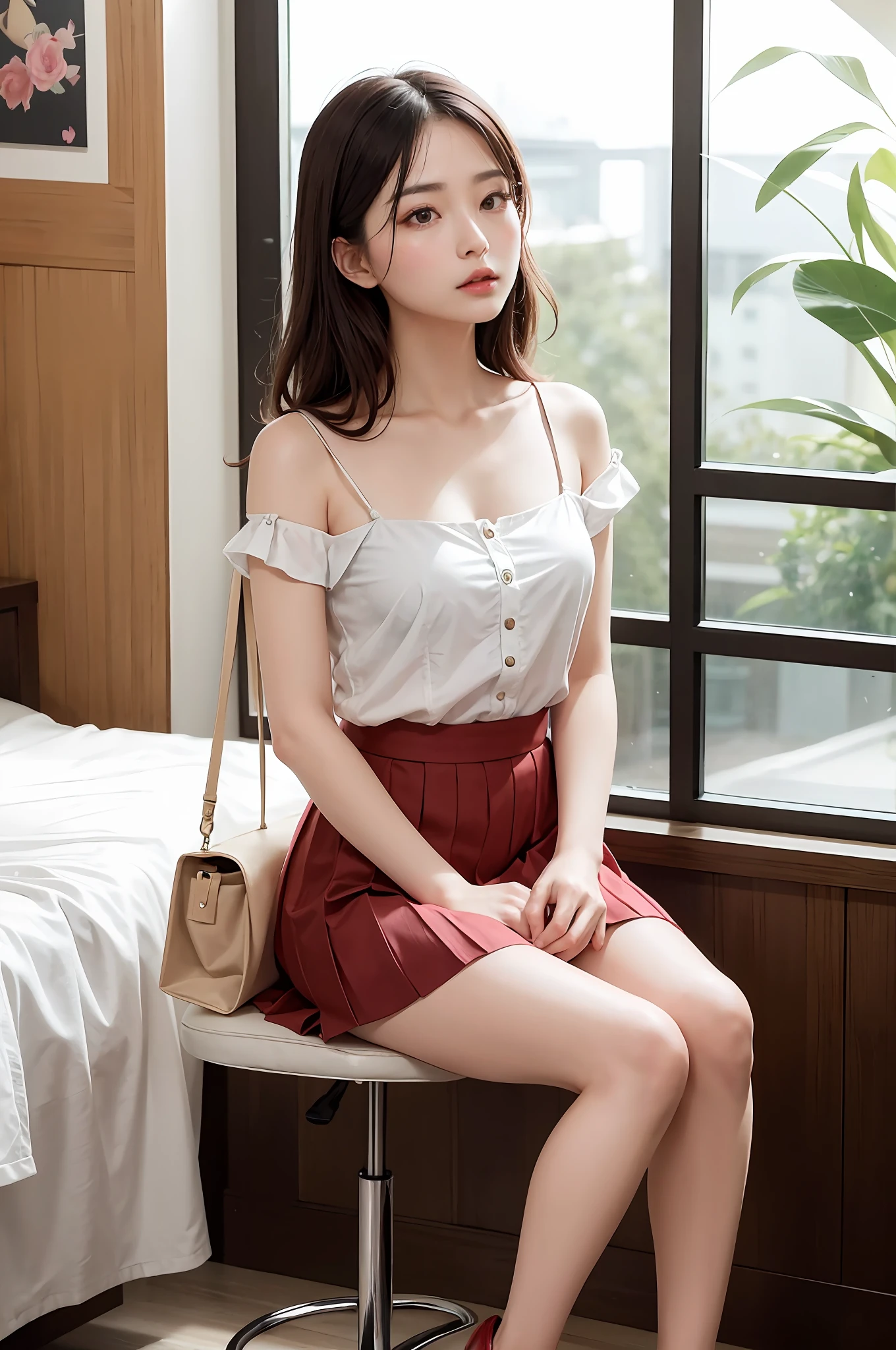 Fashion trendy beautiful and charming woman, gentle and charming Chinese beautiful woman, delicate and sexy collarbone, charming oval face, double eyelids, smart peach blossom eyes, pink lips, small nose, bare shoulders, focus on the face, close-up of the face, Ultra-high-definition, super-detailed, wine red flowing pleated skirt with ginger shirt, easy to create a retro feeling. It is more elegant with thin strap shoes, and the bamboo bag in the hand adds more retro style.