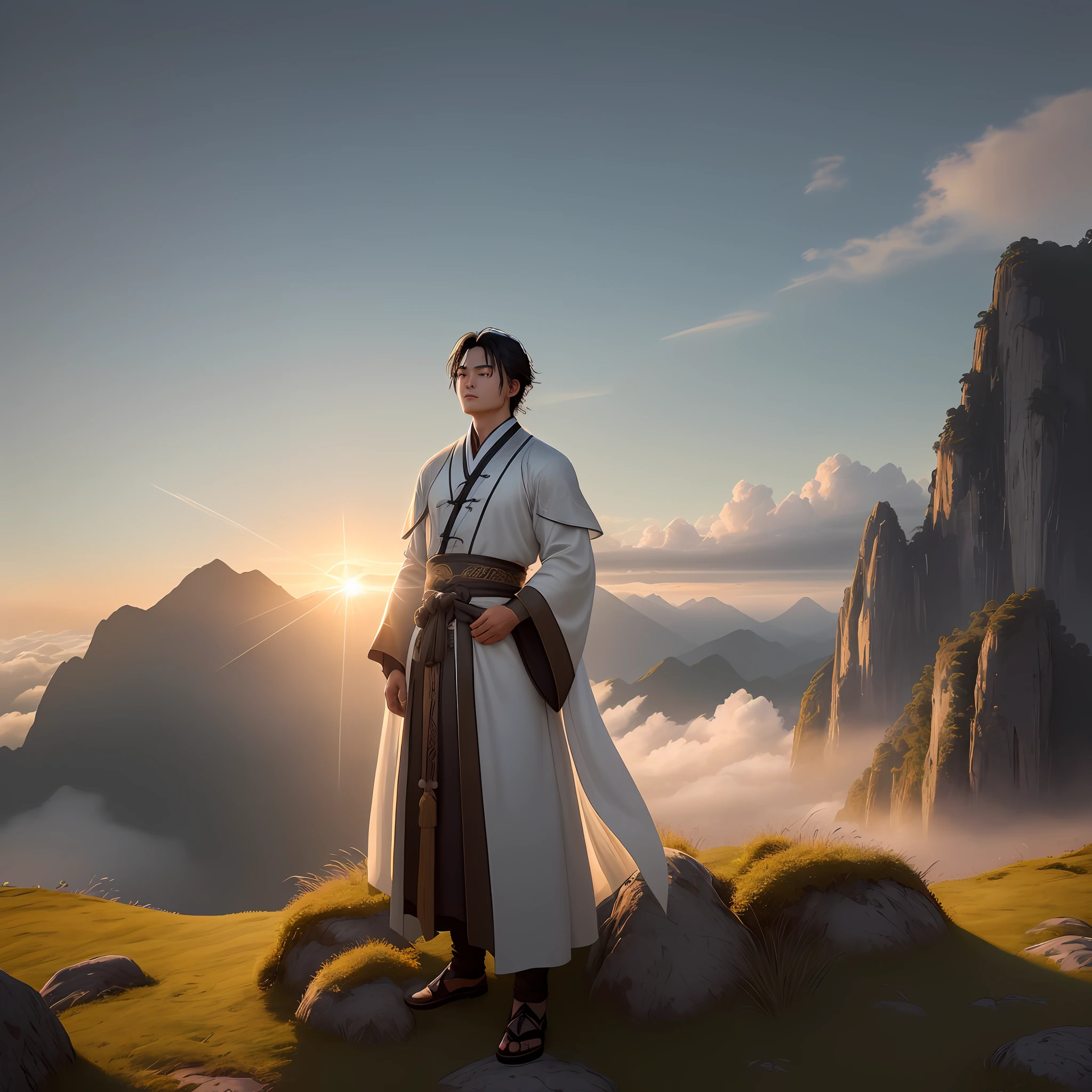 A masterpiece, a top-notch photo. The young man in the photo is dressed in a silvery-white gold-patterned ancient robe, standing in the sea of clouds, looking into the distance, thoughtful, his dark brown eyes are rippling, and the breeze is blowing the black hair on his forehead. The background is the dawn sky, the brilliant morning glow, and the distant Feihong. The light in the photo is a warm golden color that casts long shadows across the landscape, creating a sense of depth and texture. The detail in the photos is impressive, with every blade of grass, rock formation and cloud rendered with hyper-realistic precision. The majestic and majestic scenery cannot conceal the calm and peaceful temperament of the young man. The high resolution of the images provides a rich and immersive viewing experience, with every detail rendered clearly. Overall, this photo is a true masterpiece of composition, lighting and storytelling. The exclamation of "like morning dew and sun suffering" is expressed between the tones, which embodies the cosmic mind of traditional Chinese Confucianism.