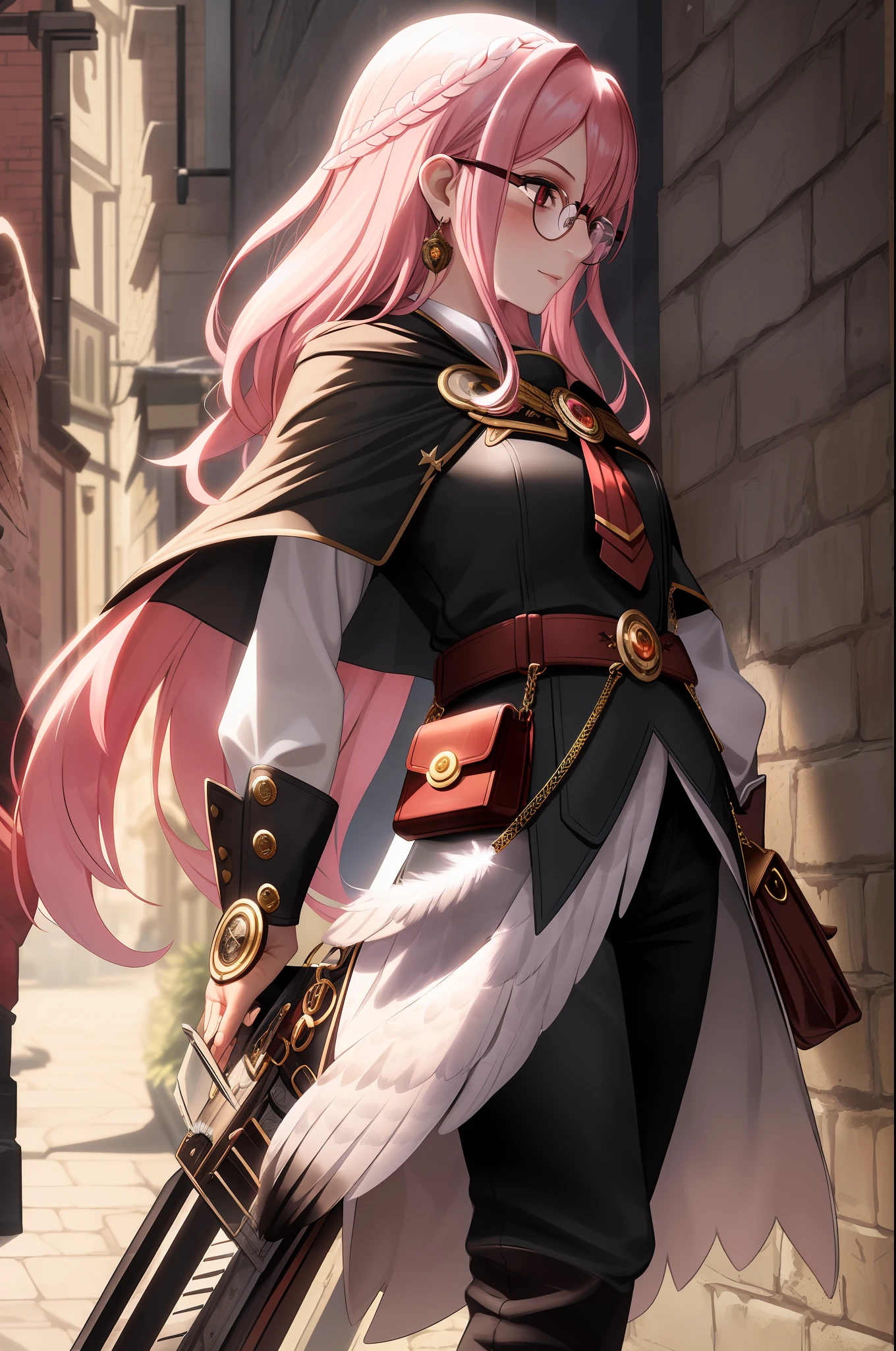 Realistic artwork, female 1, young, pink hair, red eyes, large circular glasses, pointed nose, fair skin, hair combed to the sides with owl feathers, mischievous expression, flat build, black shapeless, black pants, silver accessories on the uniform, brown cape, red boots, knives sticking out of a feathered bag on the left arm, luminescent eyes, strangulation marks on his neck, cape made of owl feathers, dark alley