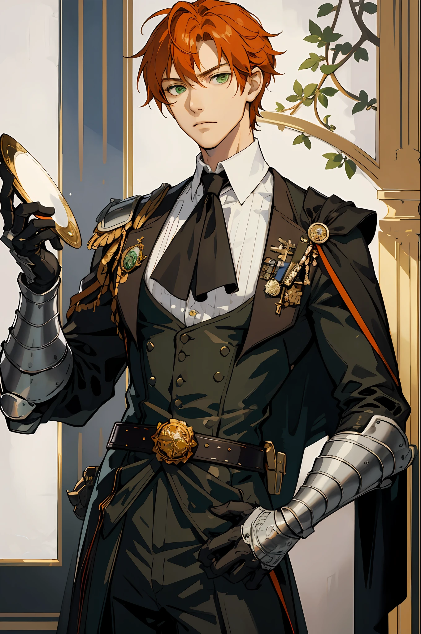 masterpiece, best quality, 1 male, adult, tall muscular, handsome, finely detailed eyes, intricate details, muscle, solo, 1male, adult, handsome, broad shoulders, well kept orange hair, green eyes, tall, black butler coat with gold trimming and rose designs, opulent castle in background, sword in sheath attached to belt, half body, holding tray of tea, shoulder plates, armored gauntlets, looking away from viewer, depth of field, floral design for belt buckle, white shirt, knight, butler