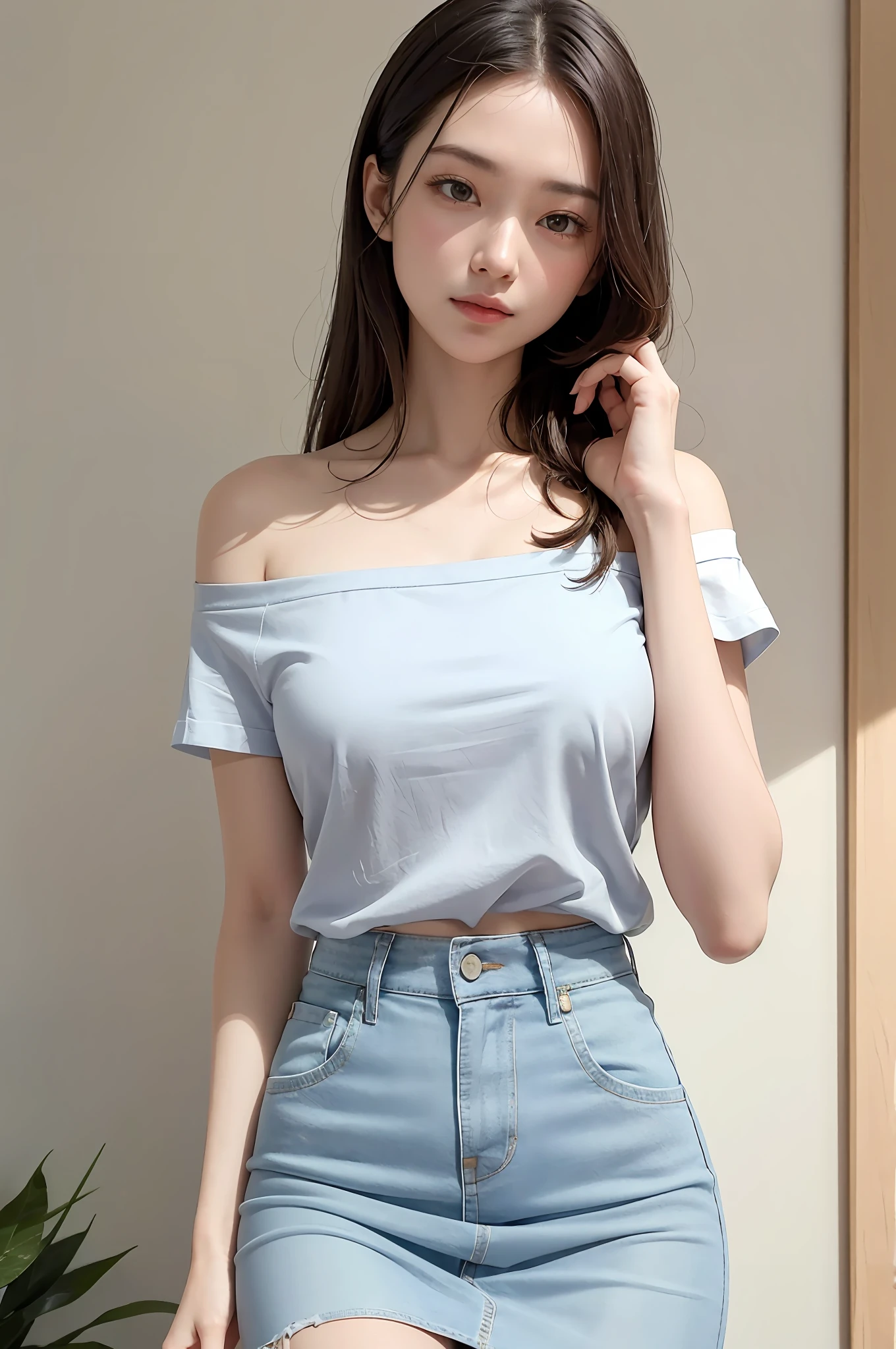 Fashion trendy beautiful and charming woman, gentle and charming Chinese beautiful woman, delicate and sexy collarbone, charming oval face, double eyelids, smart peach blossom eyes, pink lips, small nose, bare shoulders, focus on the face, close-up of the face, Ultra-high-definition, super-detailed, full-body photo, ultra-thin and light-transmitting, with this light blue denim skirt and beige T-shirt, the gentle light-colored matching makes the skin white and beautiful, and the temperament is outstanding, plus the whole matching is elastic The combination also shows the figure, and can be seen through