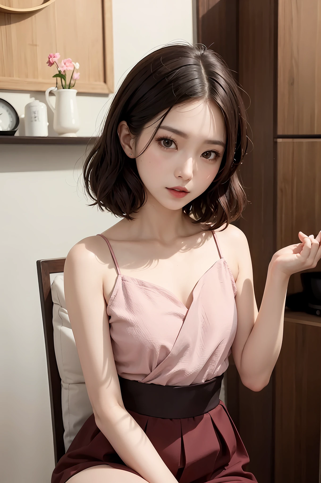 Fashionable beautiful and charming woman, mature and charming Chinese beautiful woman, exquisite and sexy collarbone, charming oval face, double eyelids, vivid peach eyes, pink lips, small nose, bare shoulders, focus on the face, close-up of the face, super High-definition, super-detailed, burgundy flowing pleated skirt paired with a ginger shirt can easily create a retro feel. It is more elegant with thin strap shoes, and the bamboo bag in the hand adds more retro style.