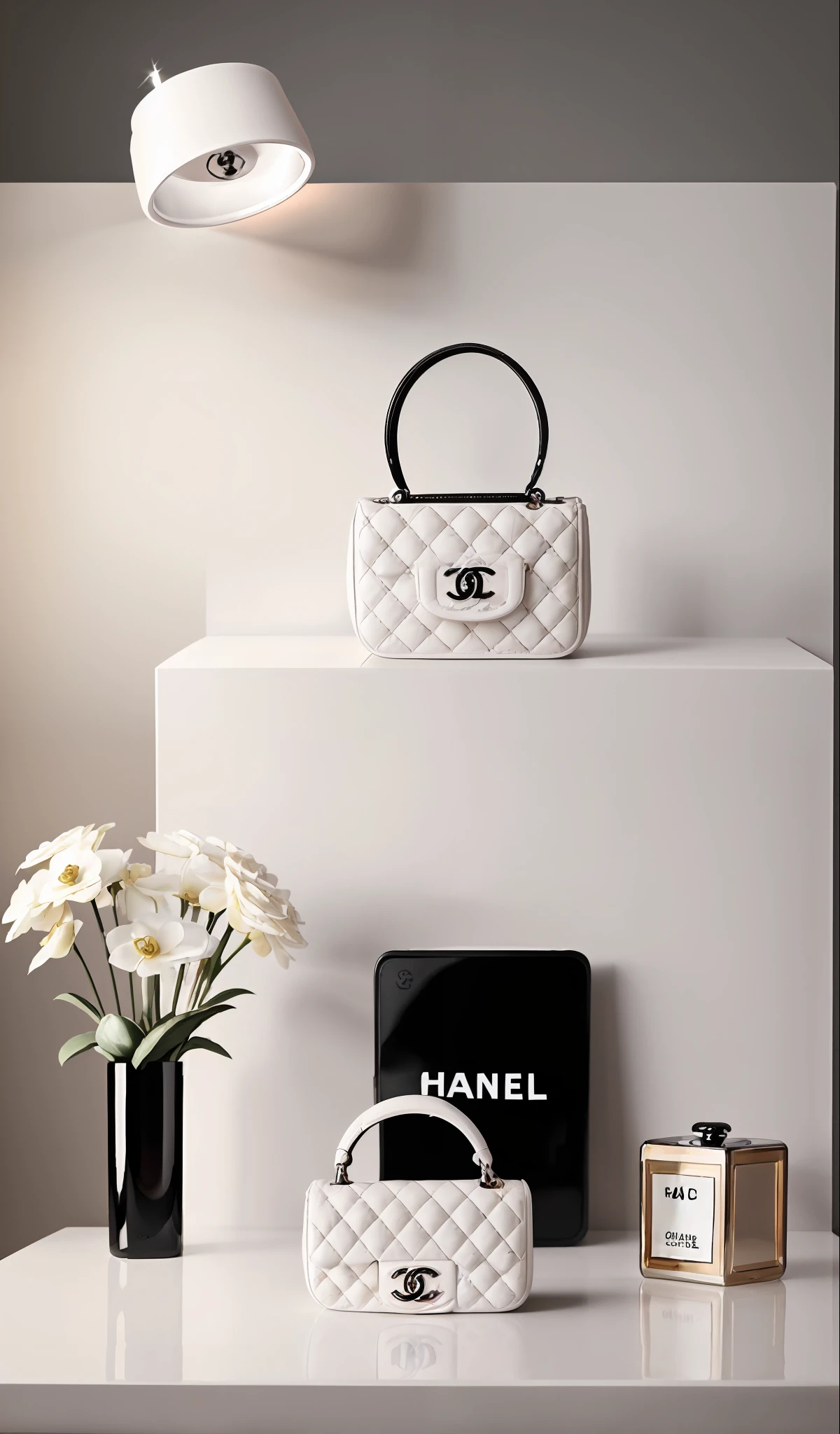 E-commerce product photography, white background, table setting (Chanel Mini bag: 1.4), (realistic: 1.4) Soft lighting, masterpieces, best quality, ultra-realistic details, commercial photography, dynamic pose, 3D C4D, film, ultra-realistic painting, 8k, the art of midjourney