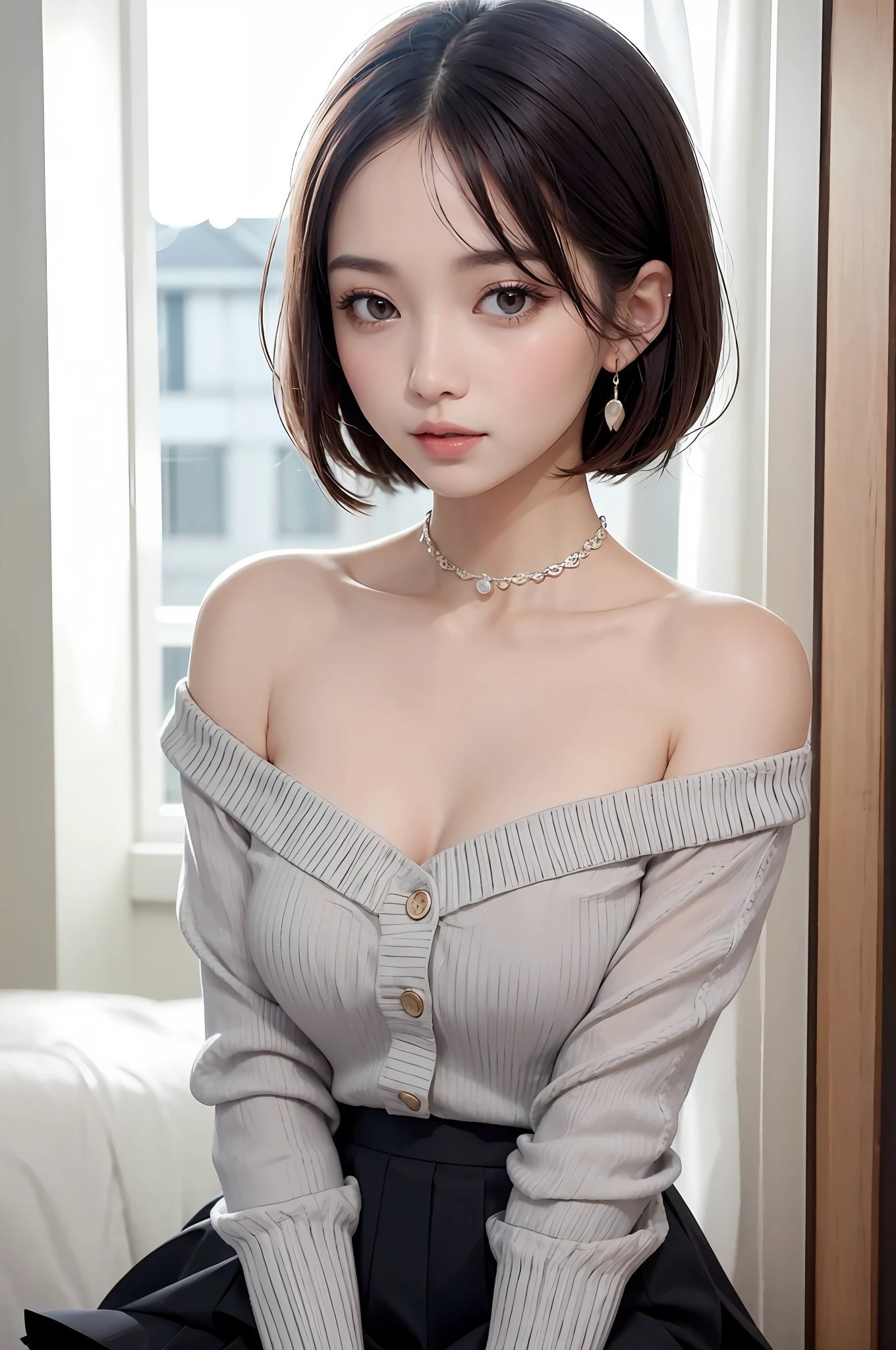 Fashion trendy beautiful and charming woman, gentle and charming Chinese beautiful woman, delicate and sexy collarbone, charming oval face, double eyelids, smart peach blossom eyes, pink lips, small nose, bare shoulders, focus on the face, close-up of the face, Ultra-high-definition, super-detailed, full-body photo, ultra-thin light transmission, ruffled skirt with knitted cardigan + ruffled collar shirt, sweet and playful upper body, see-through