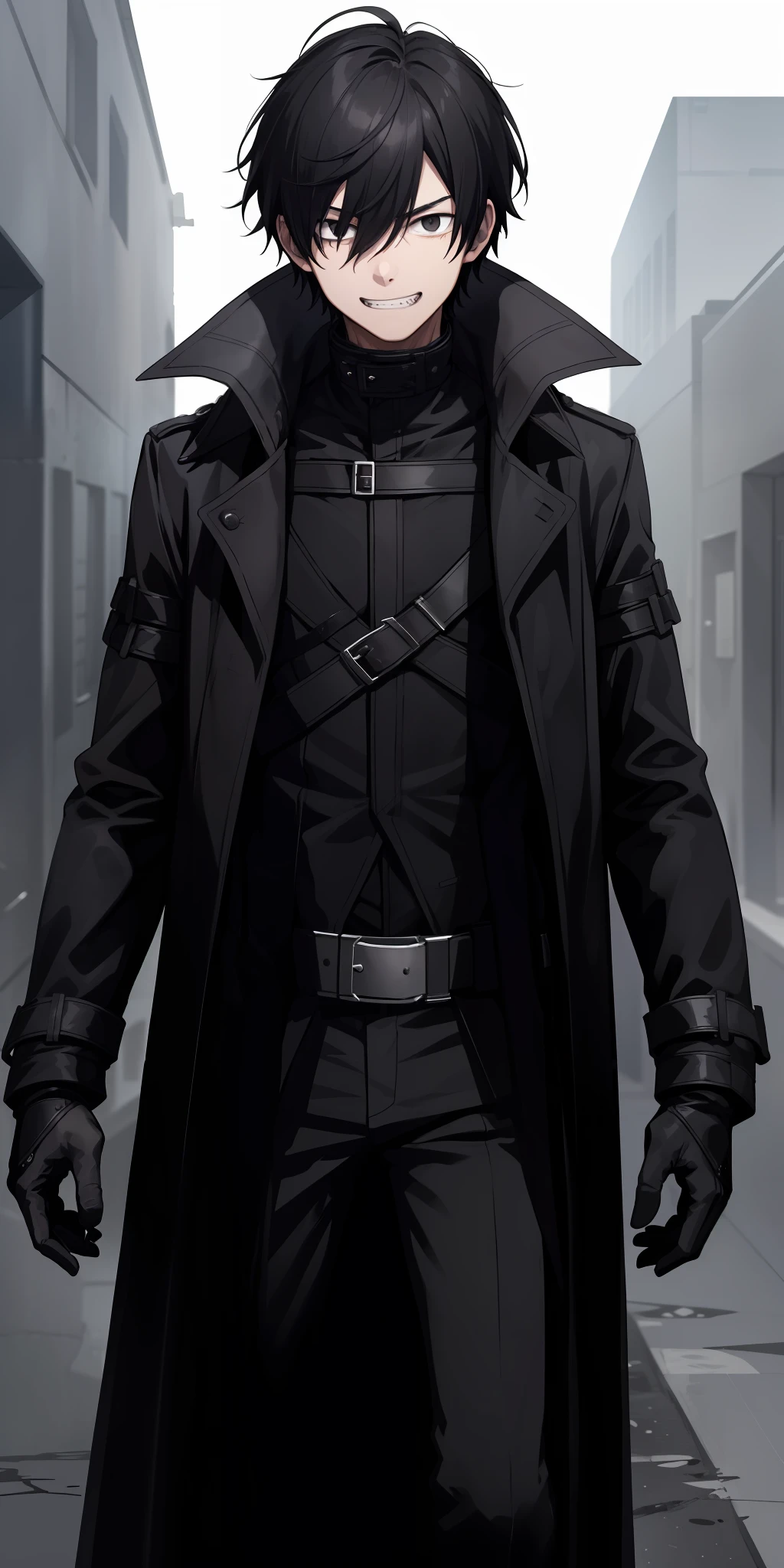 1boy, evil grin, black hair, black eyes, black slim armor, shadows, black trench coat, dead atmosphere, darkness over face