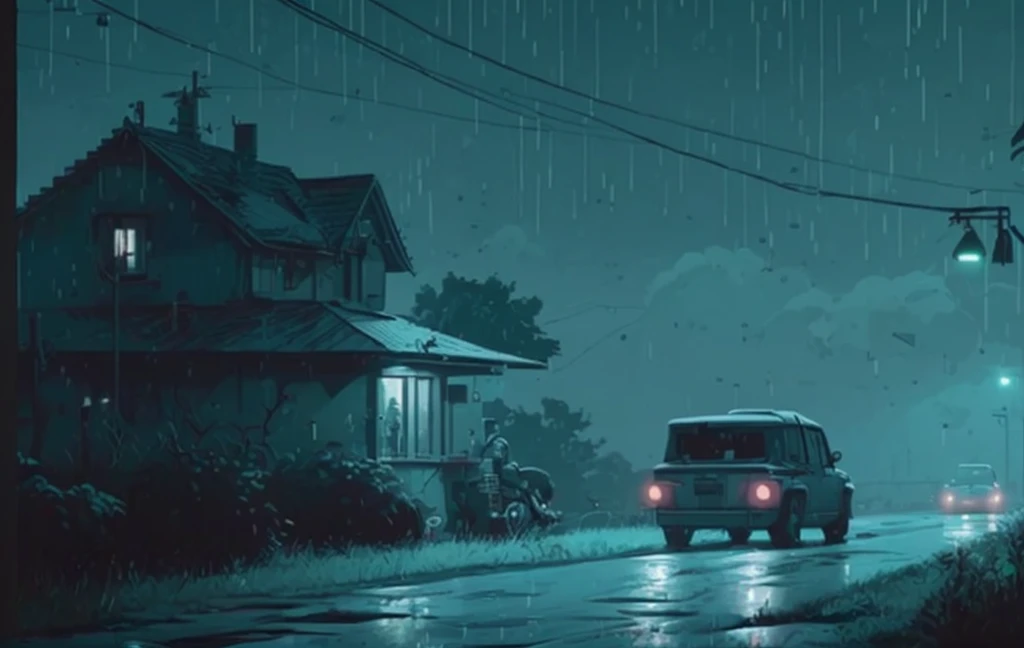 There is a walk on the rainy road, simon stålenhag. digital art, inspired by Simon Stalenhag, simon stalenhag color scheme, lofi artstyle, simon stalenhag's style, simon stalenhag, inspired by Simon Stalenhag, simon stalenhag in great detail