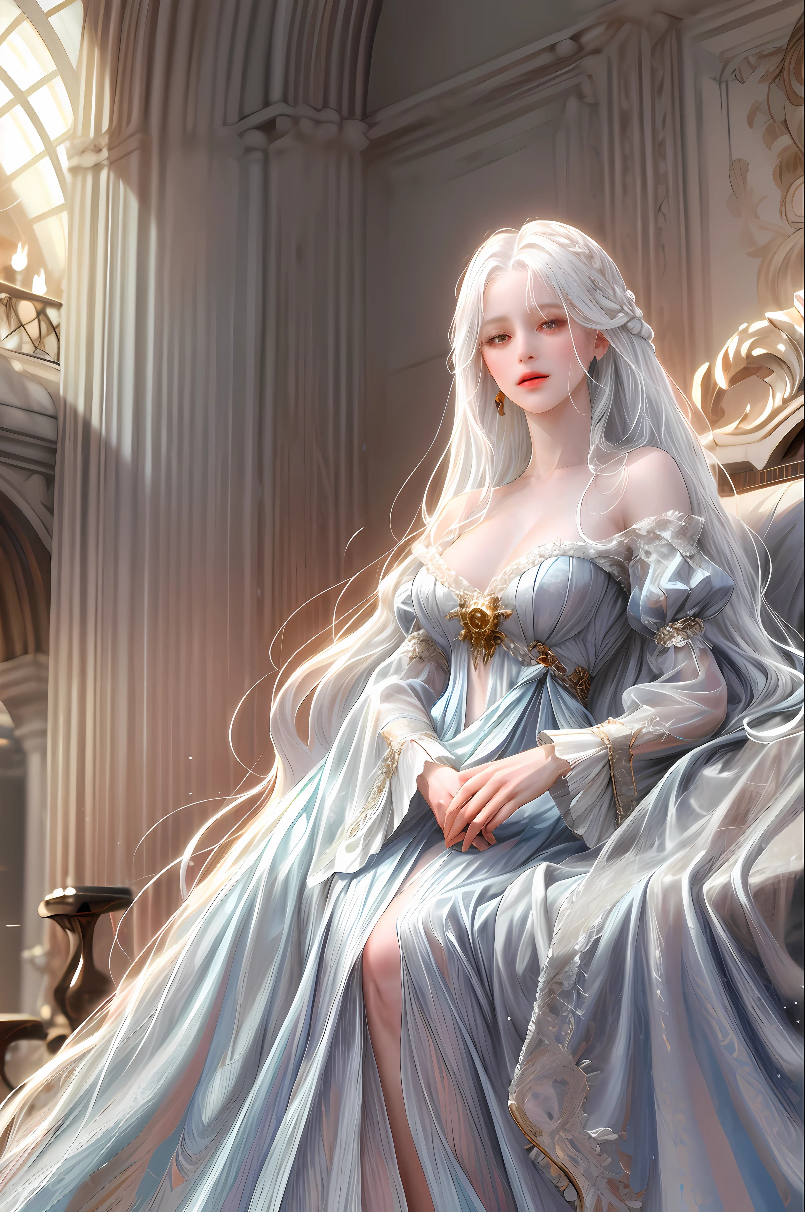 (absurdres, highres, ultra detailed), 1girl, solo, mature, (very long hair, white hair), Baroque, long dress, long sleeve, elegant, colorful, highest detailed, upper body