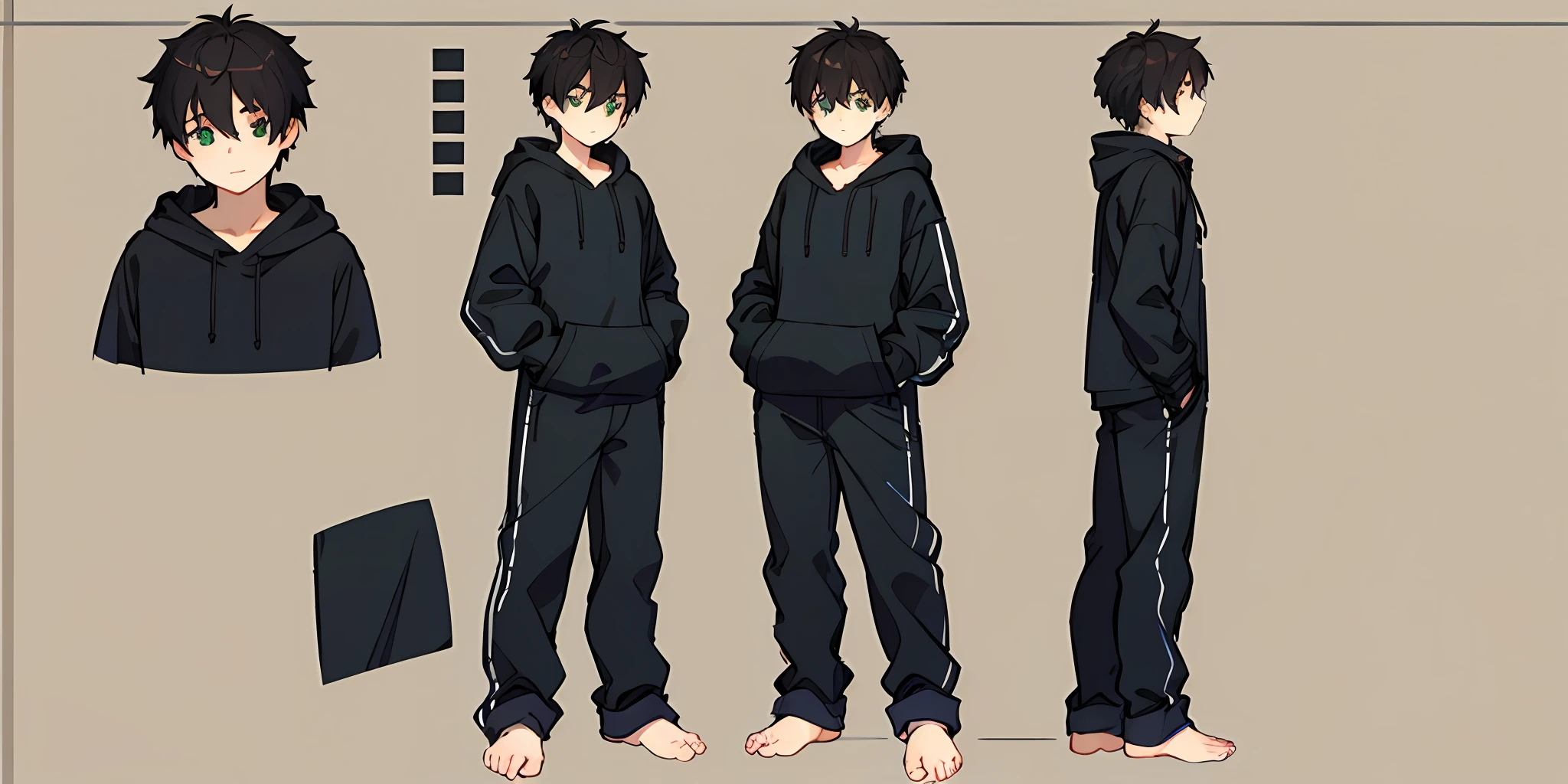 Photo of 19 years old boy , wearing black hoodie, character sheets, highlighted short hair, highly detailed green eyes ,soft white theme background, masterpiece,model , standing,full body