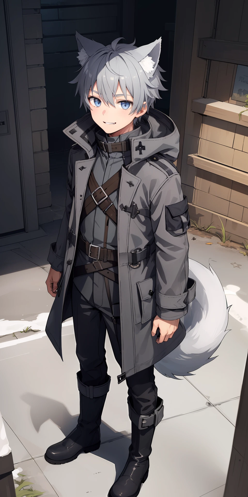 1boy, goggles on head, gray hair, wolf ears, wolf tail, blue eyes, light smile, gray military trench coat, black long boots that reach the knees