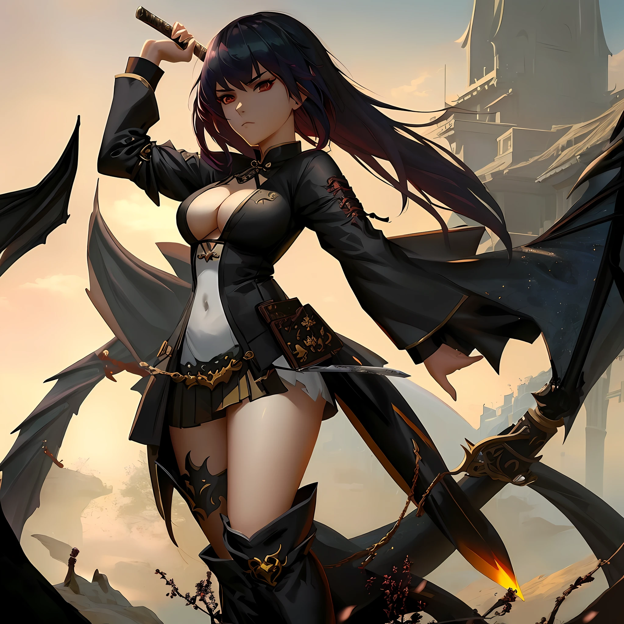anime girl with a sword and a dragon in the background, by Yang J, guweiz on artstation pixiv, guweiz on pixiv artstation, trending on artstation pixiv, dark fantasy style art, demon anime girl, female action anime girl, detailed digital anime art, guweiz, badass anime 8 k, gothic maiden anime girl
