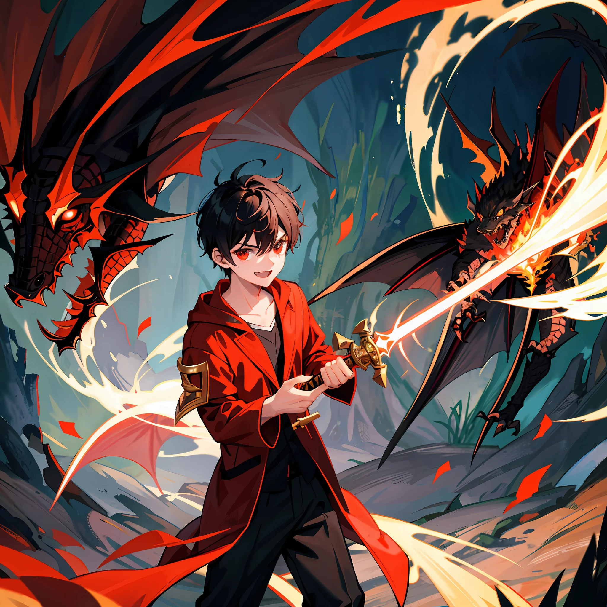 A boy with short black hair, with one hand in his pocket, biting grass, charming red eyes, with a bright smile on his face, wearing a brown robe, holding a long sword, flashing sword light, lightning background, half-body close-up, dotted with fire, heroic, (there is a Evil Dragons Filling Space: 1.5)