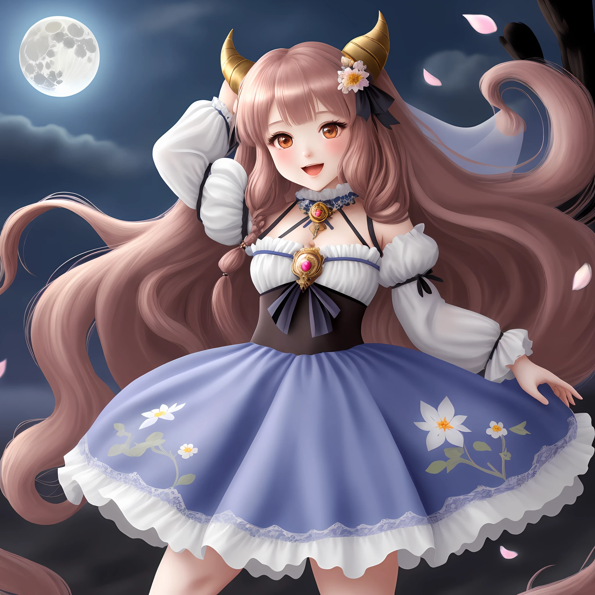 masterpiece, (bestquality), highlydetailed, ultra-detailed, chibi,(full body:0.9),(beautiful detailed face),(beautiful detailed eyes),nilou (neither flower nor mist) (genshin impact),very long hair,fake horns, 1girl, solo, red hair, veil, smile, moon, long hair, crop top, jewelry, horns, night, bracer, brooch, long sleeves, puffy long sleeves, looking at viewer, skirt, bangs, twintails, water, puffy sleeves, sky, neck ring, open mouth, :d, full moon, night sky, flower, harem outfit, gold trim, parted bangs, arm up, breasts, circlet, outdoors, blue skirt, hair ornament, detached sleeves, low twintails, floating hair, gem, hair flower, blue gemstone, hand up, dancer, white headwear, small breasts, stomach, midriff, cowboy shot, blue bow,
Negative prompt: (low quality:1.3), (worst quality:1.3)
Size: 768x1280, Seed: 1799466010, Model: revAnimated_v121, Steps: 32, Sampler: Euler a, CFG scale: 7, Model hash: f57b21e57b