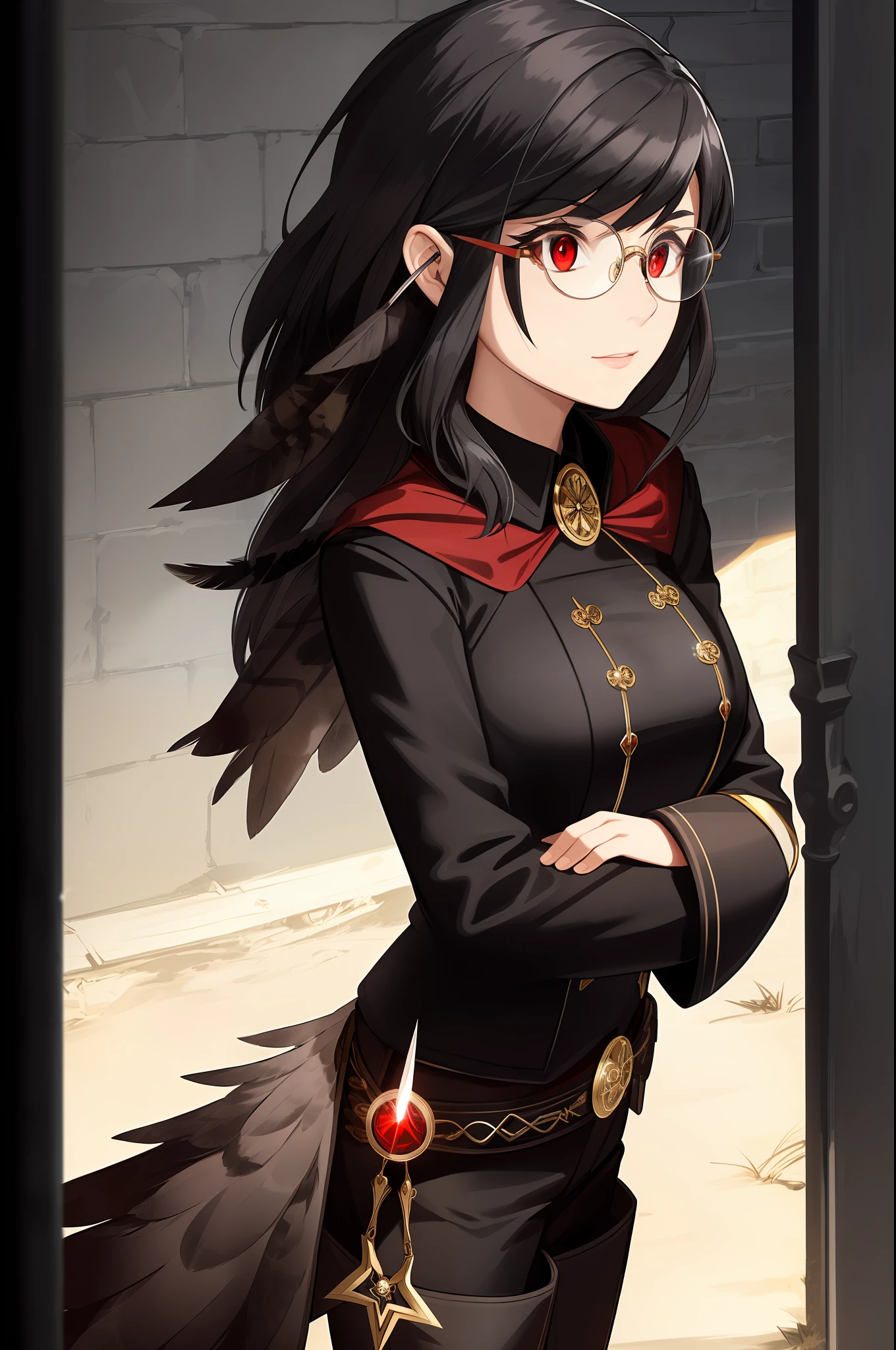 Realistic artwork, woman 1, young, black hair, red eyes, large circular glasses, sharp nose, fair skin, hair combed to the sides with owl feathers, mischievous expression, flat build, black shapeless, black pants, silver accessories on the uniform, brown cape, red boots, a huge dark scissor carried by both hands, luminescent eyes, strangulation marks on his neck, cape made of owl feathers, dark alley