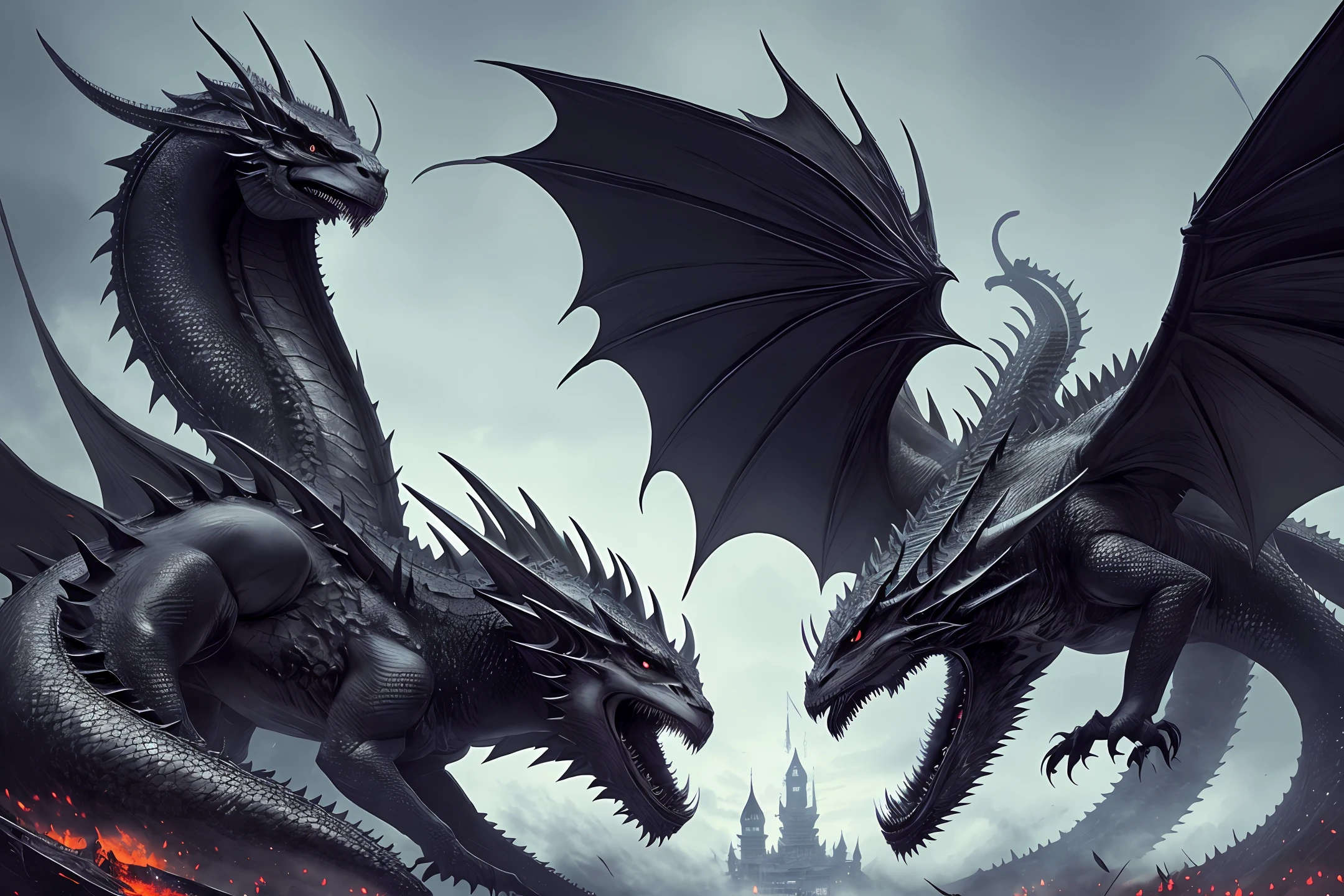a close up of a dragon with a sword in its mouth, battle with dragon, epic dragon, alduin, ancalagon the black, the devil in hell as a dragon, drogon, dragons, dragon in the background, dragon, god of dragons, colossal dragon as background, by Adam Marczyński, a majestic gothic dragon
