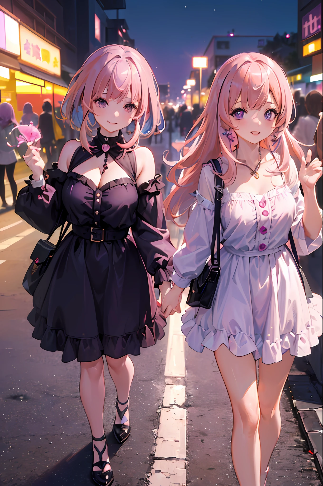 (((Ultra High Detail))), (((Ultra High Resolution))), (((Face Detail))), ((2 Girls)), (((Pink Hair: 1.2))), (((purple hair))), walking side by side, bust, one handing food to the other, smiling happily, night market, lively streets at night, festive atmosphere.