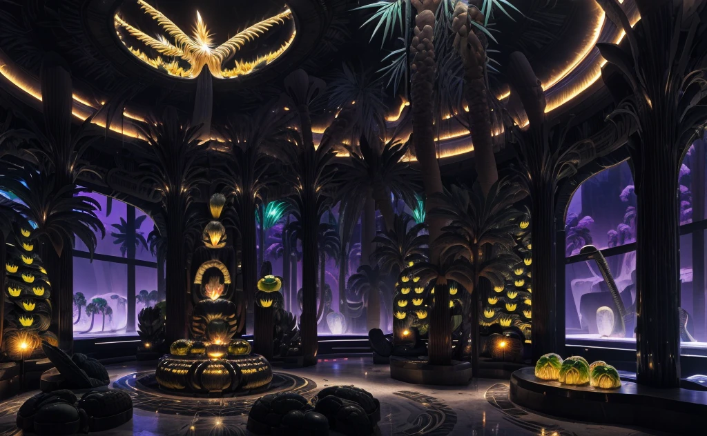 incredible black luxurious futuristic interior in Ancient Egyptian style with many lush plants (lotus flowers:1.5), (palm trees:2), rocky walls, (sand:1.5), (waterfalls:1.4) marble, (precious minerals: 2), metals, gemstones, crystals, clouds and water, crocodiles, (hieroglyphics: 1.5), (ultra luxury:2), black marble – (with beautiful lights:1.5, Unreal Engine, HQ, 16k)