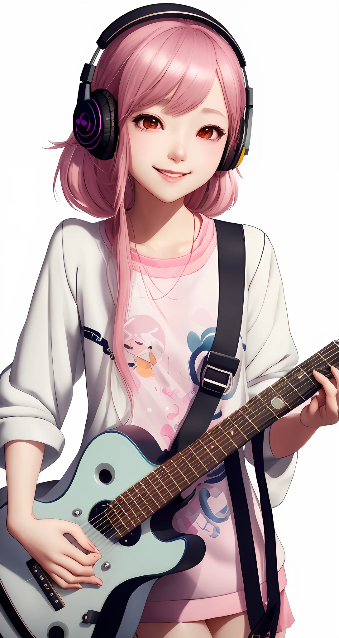 Closeup shot of a smiling girl with a guitar and headphones, an anime drawing inspired by Hsiao-Ron Cheng, trends in cg society, fantasy art, render of a cute 3d anime girl, kawaii realistic portrait, guweiz style artwork, cute anime girls, cute detailed digital art, anime style 3d, cute art style, cute digital art