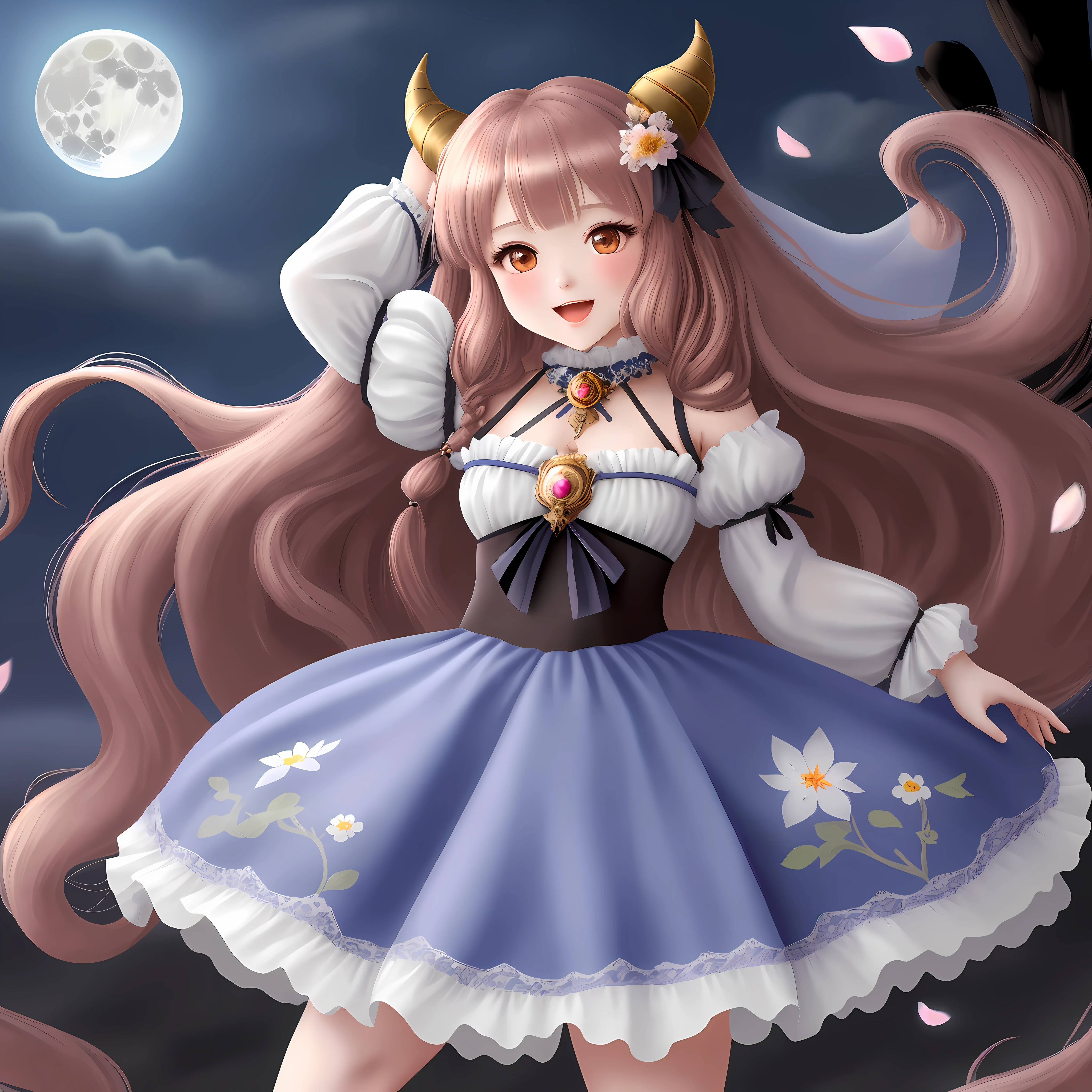 masterpiece, (bestquality), highlydetailed, ultra-detailed, chibi,(full body:0.9),(beautiful detailed face),(beautiful detailed eyes),nilou (neither flower nor mist) (genshin impact),very long hair,fake horns, 1girl, solo, red hair, veil, smile, moon, long hair, crop top, jewelry, horns, night, bracer, brooch, long sleeves, puffy long sleeves, looking at viewer, skirt, bangs, twintails, water, puffy sleeves, sky, neck ring, open mouth, :d, full moon, night sky, flower, harem outfit, gold trim, parted bangs, arm up, breasts, circlet, outdoors, blue skirt, hair ornament, detached sleeves, low twintails, floating hair, gem, hair flower, blue gemstone, hand up, dancer, white headwear, small breasts, stomach, midriff, cowboy shot, blue bow,
Negative prompt: (low quality:1.3), (worst quality:1.3)
Size: 768x1280, Seed: 1799466010, Model: revAnimated_v121, Steps: 32, Sampler: Euler a, CFG scale: 7, Model hash: f57b21e57b