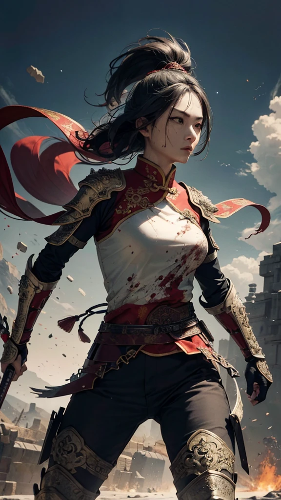 1 Chinese female warrior, ancient armor, blood splatter, fierce appearance, fighting stance, ancient battlefield (very detailed: 1.2), intricately detailed background, particle floating, light, (realistic 1.2), (masterpiece, best quality , High Resolution: 1.4), Detailed, Intricate Details, 4K, Color Splash, Line Art, Art, Fibonacci,