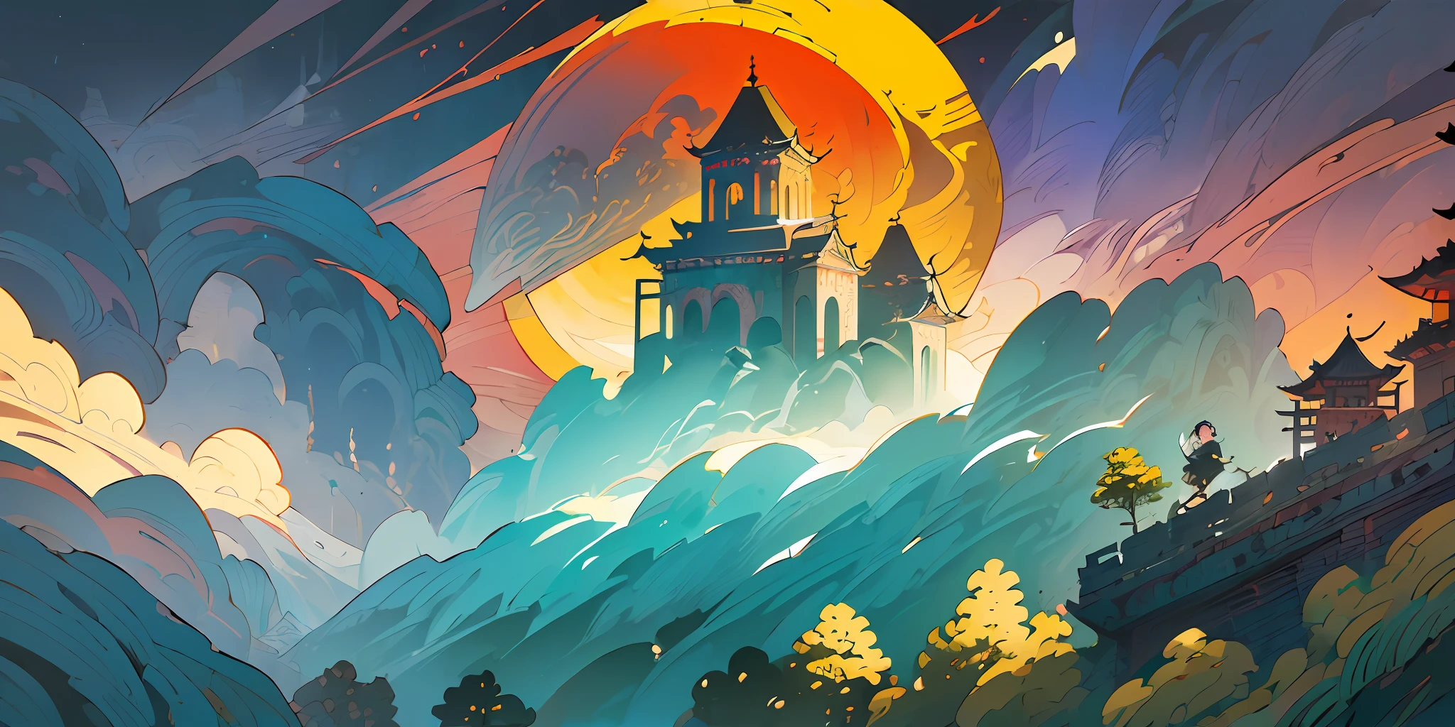(wide shot:1.3),(panorama:1.3),(ornate patterns, rich colors, intricate details,  surreal atmosphere,Ancient,Immortal ,otherworldly visuals:1.5),[:(cel shading, (bold outlines:1.2), flat colors, sharp shadows, graphic style, manga influence, clean linework, striking visuals:1.6):15],BREAK (wide shot:1.3),(panorama:1.3),Maximalism,masterpiece,best quality,desolate mountain,Floating mountain,floating island,Chinese ancient architecture,