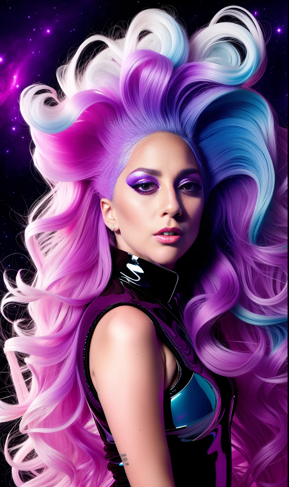 Lady gaga photo, 4K texture, long hair, high quality, futuristic background, extravagant hairstyle, galaxy themed album cover