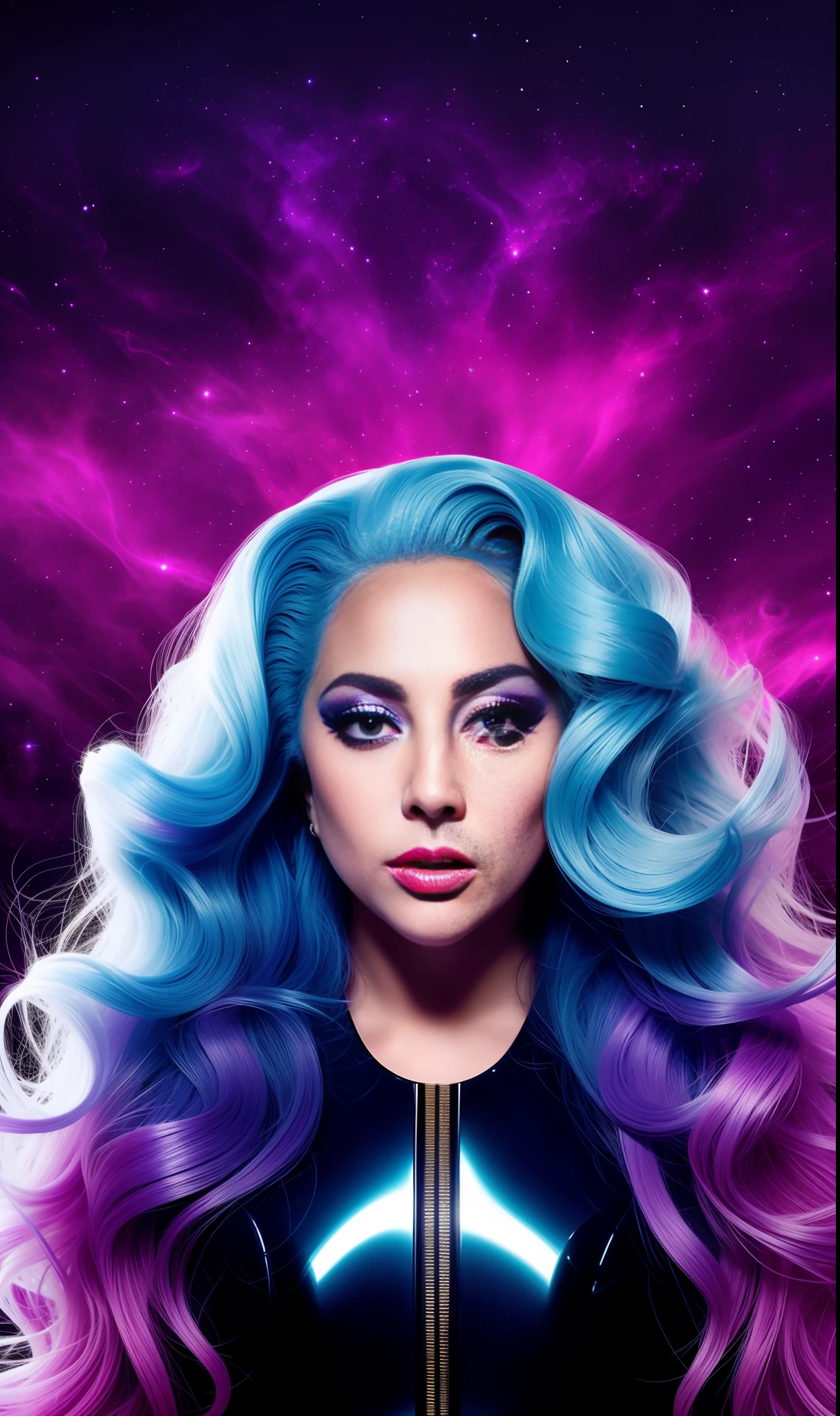 Lady gaga photo, 4K texture, long hair, high quality, futuristic background, extravagant hairstyle, galaxy themed album cover