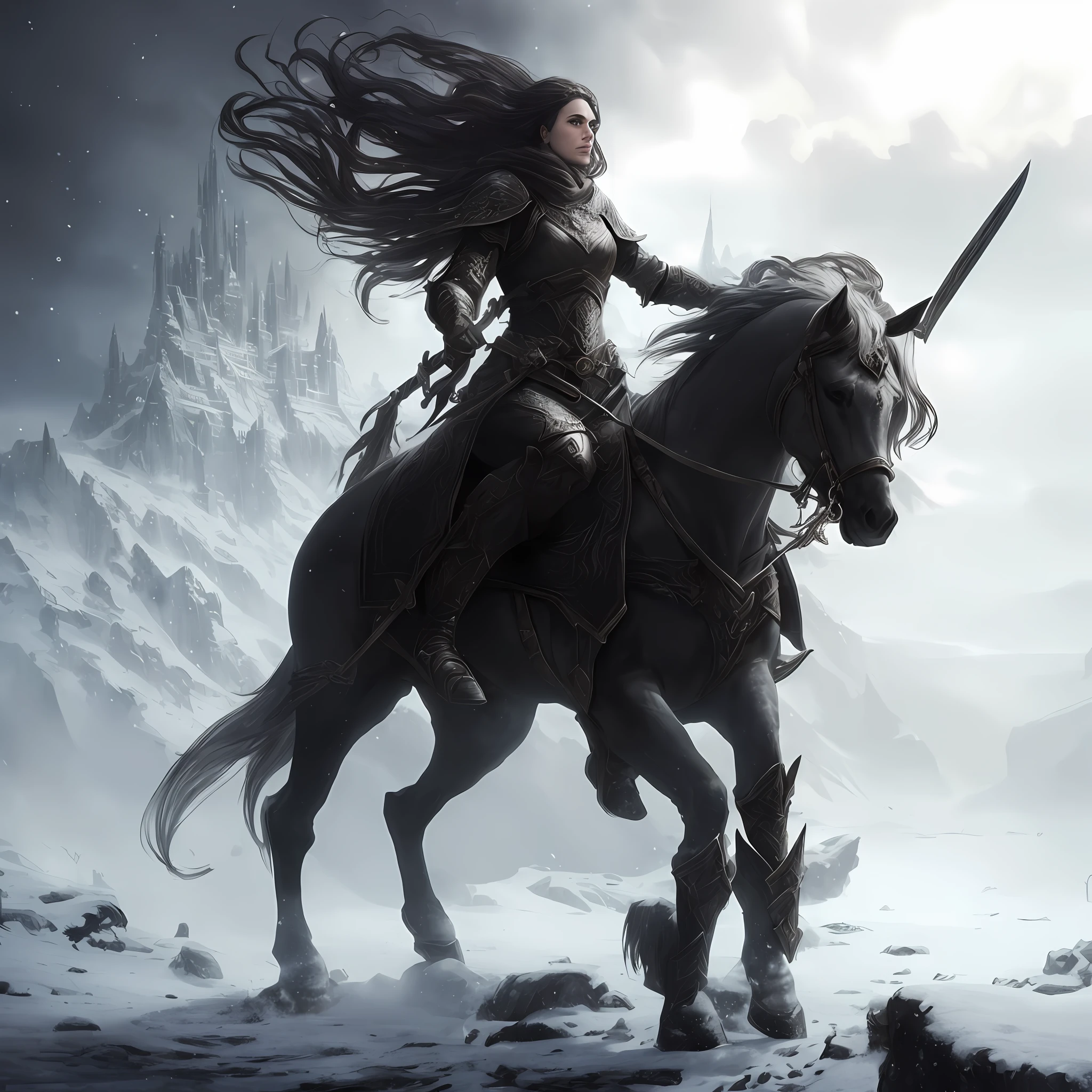 there is a woman riding a horse in the snow with a sword, epic fantasy digital art style, dark fantasy style art, epic fantasy style art, epic fantasy art style, 4k fantasy art, epic fantasy art style hd, in style of dark fantasy art, epic fantasy artwork, dark fantasy artwork, high quality fantasy art, dark fantasy art, epic fantasy digital art