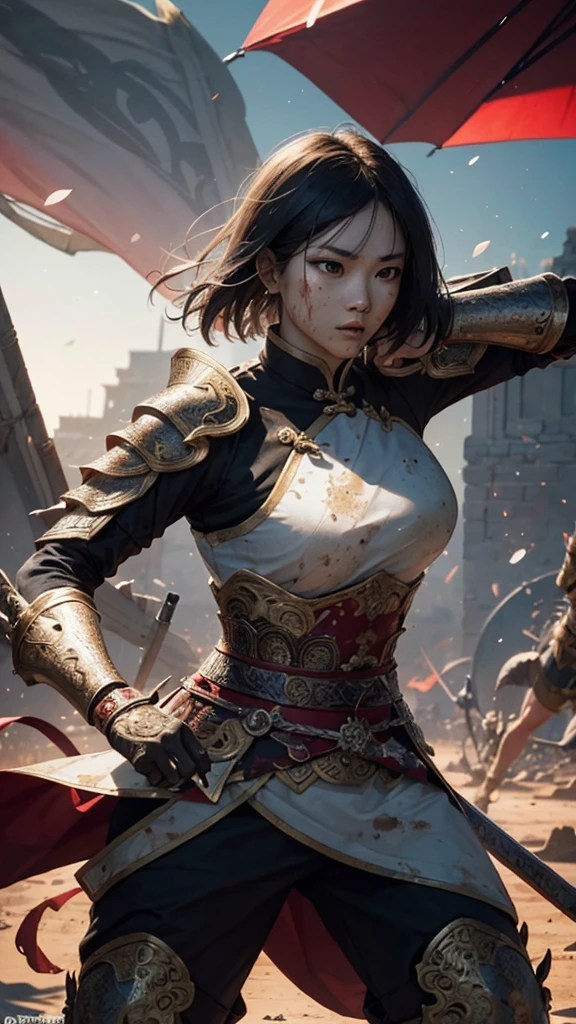 1 Chinese female warrior, ancient armor, blood splatter, fierce appearance, fighting stance, ancient battlefield (very detailed: 1.2), intricately detailed background, particle floating, light, (realistic 1.2), (masterpiece, best quality , High Resolution: 1.4), Detailed, Intricate Details, 4K, Color Splash, Line Art, Art, Fibonacci,