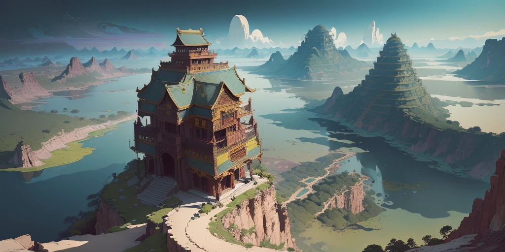 (wide shot:1.3),(panorama:1.3),(ornate patterns, rich colors, intricate details,  surreal atmosphere,Ancient,Immortal ,otherworldly visuals:1.5),[:(cel shading, (bold outlines:1.2), flat colors, sharp shadows, graphic style, manga influence, clean linework, striking visuals:1.6):15],BREAK (wide shot:1.3),(panorama:1.3),Maximalism,masterpiece,best quality,desolate mountain,Floating mountain,floating island,Chinese ancient architecture,