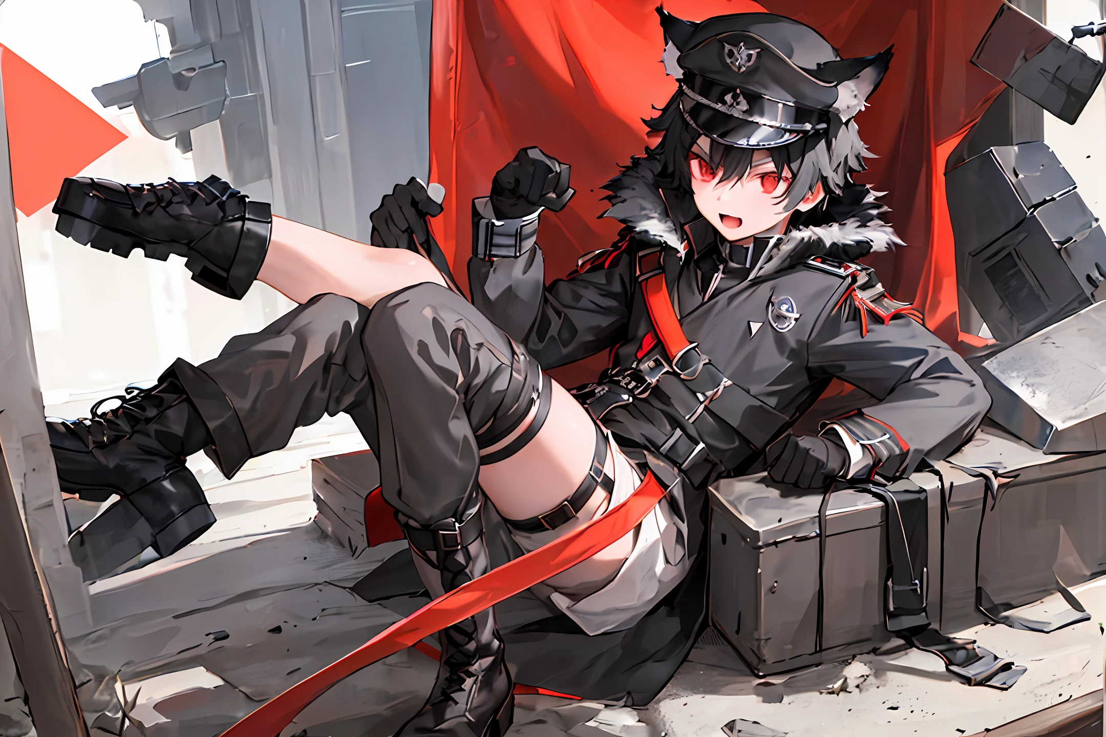 masterpiece, 1boy, wolf ears, wolf tail, dark red eyes, black hair, short messy hair, mountains, HD, vibrant, serious face, dark sky, combat boots, long black gloves, peaked general cap++