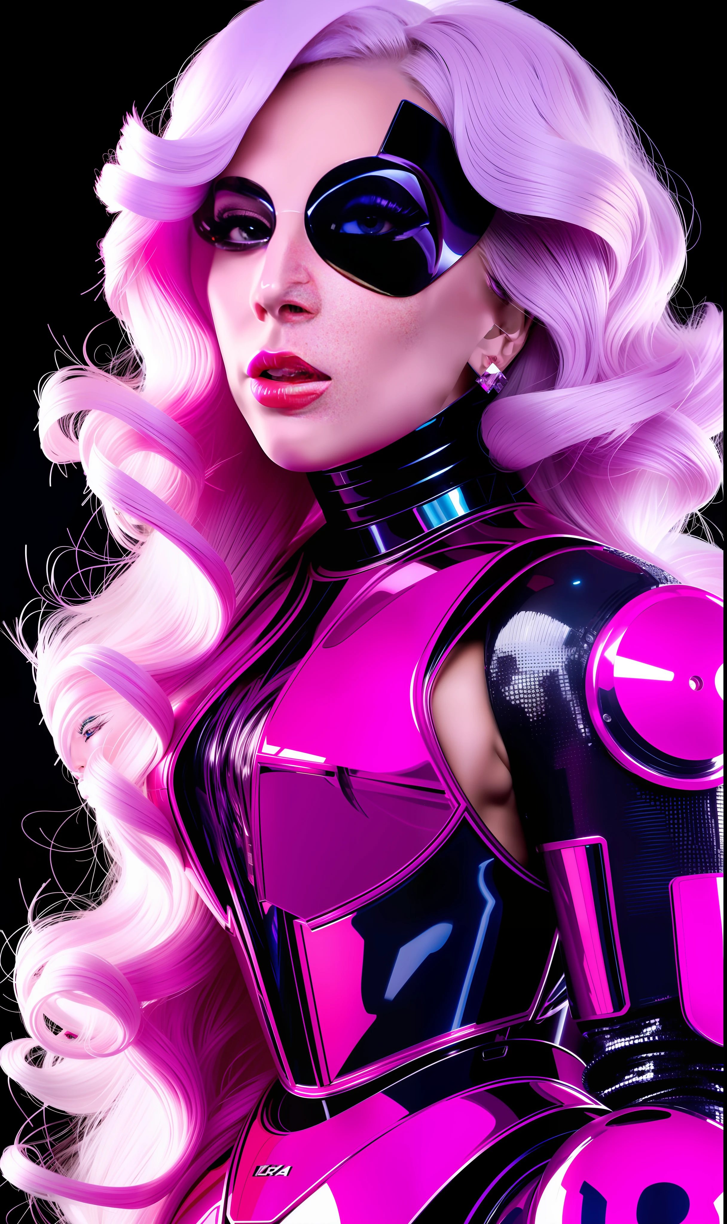 Photo of lady gaga as a robot, 4K texture, long hair, high quality, unique makeup, original hairstyle, bio suit