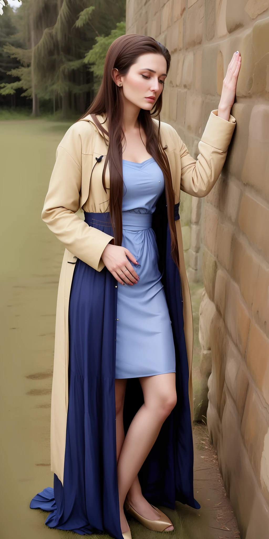 Brunette woman would be 30 years old in ((long dress and coat)), straight hair, standing on with ((hands on abdomen)), ((tired))