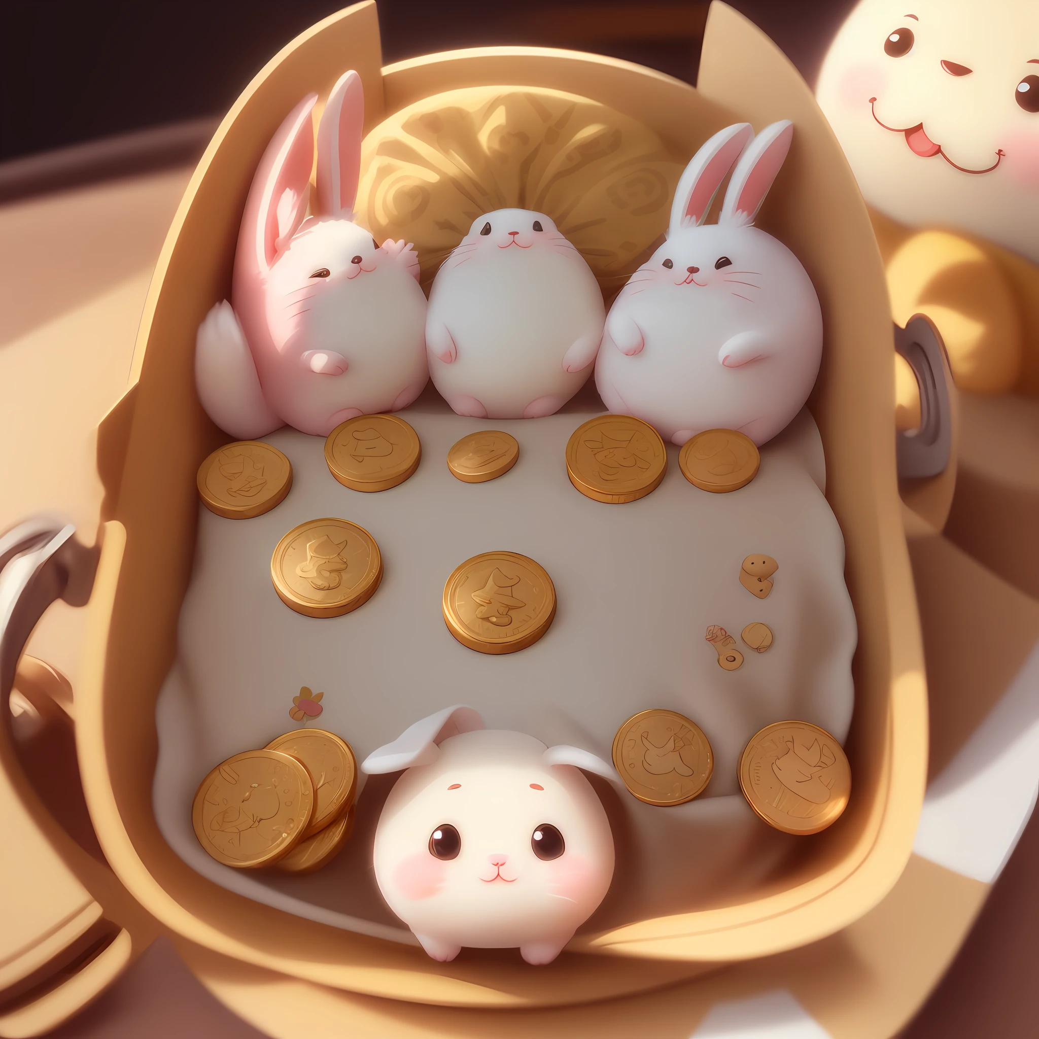 E-commerce praise card cover, the content should have a cute cartoon style coin bunny, vivid, lively, atmospheric, three-dimensional style illustrations, high-definition picture, rich details, 8K