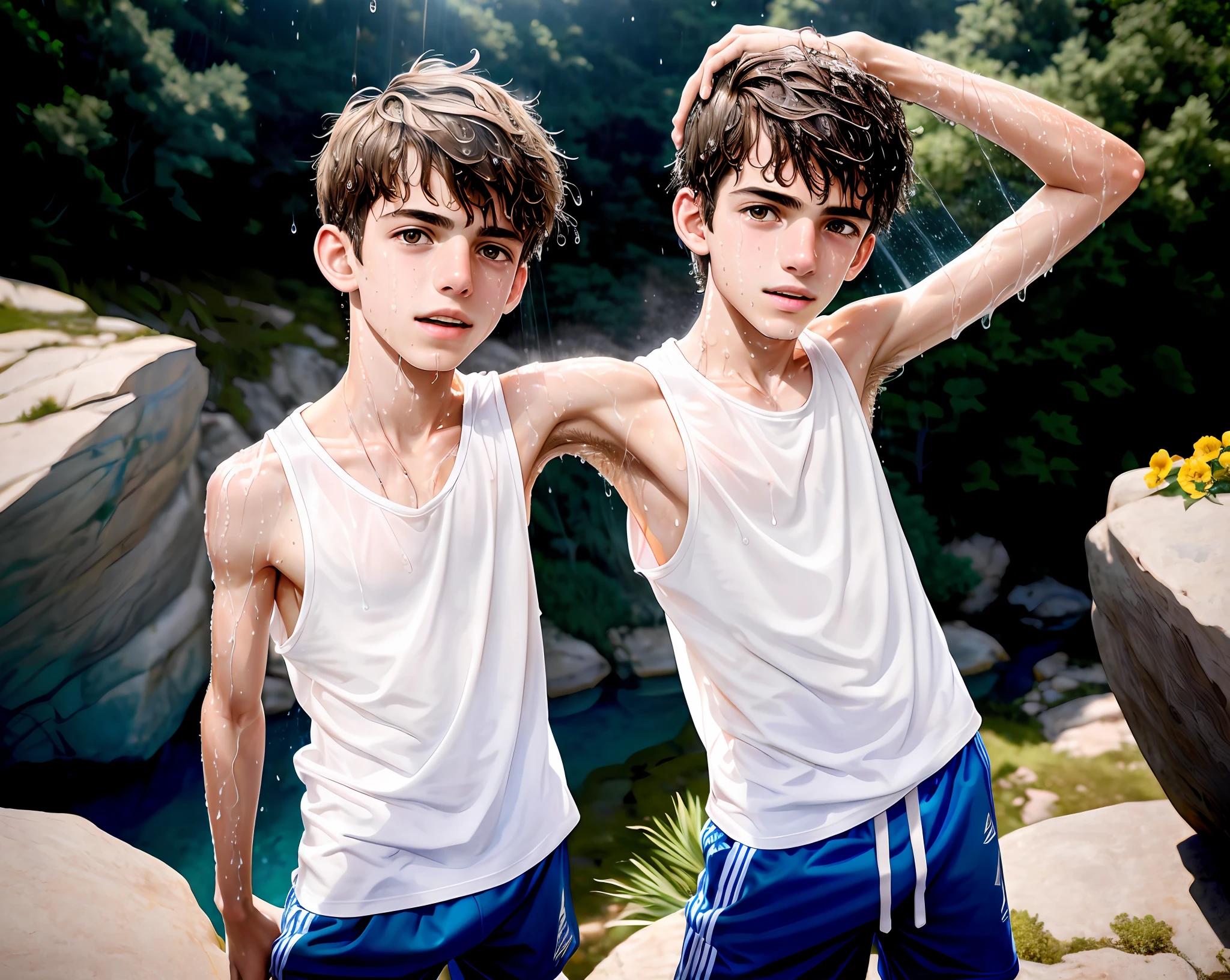 Avi Angel, sweaty teen boy, standing on a big rock, far from camera, shot from below, lower angle shot, whole body visible in camera, braces, age 16, bare feet, wearing long sleeveless t-shirt with dropped armhole, hands behind head, short fine armpit hair, flexing, veiny arms, cute, tall, arms behind head, short wispy armpit hair showing, teen boy, braces, best quality, sticky wet armpit hair, Amazing anatomy