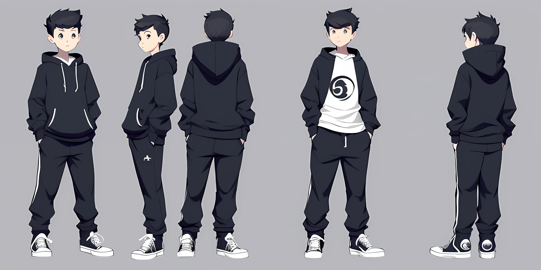 sketches of a boy, wearing dark blue hoodie,black pant and white shoes, high quality character design, character design art, childrens art in artstation, highly detailed character design, cartoon concept art, character design, professional character design, character design concept art, concept art design illustration, colored concept art, character concept artwork, stylized character design, [ character design ]