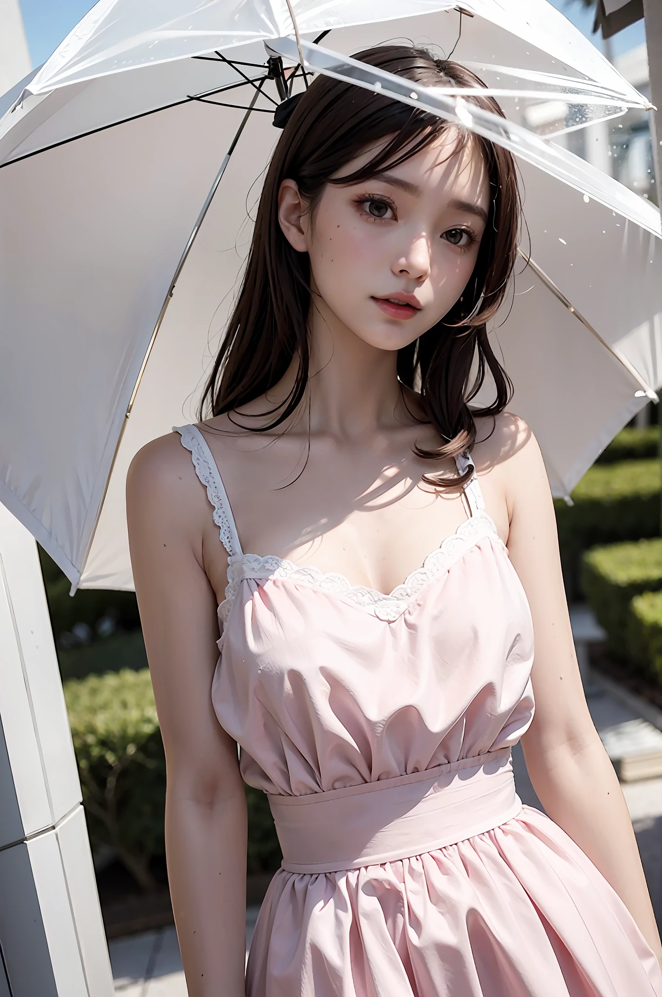 Fashion trendy beautiful and charming woman, gentle and charming Chinese beautiful woman, delicate and sexy collarbone, charming oval face, double eyelids, smart peach blossom eyes, pink lips, small nose, bare shoulders, focus on the face, close-up of the face, Ultra-high-definition, super-detailed, full-body photos, ultra-thin and light-transmitting, using floral shirts and umbrella skirts to create a retro style in the 1980s. The simple, elegant and elegant appearance is extremely comfortable to wear. The bow on the collar of the shirt The design is embellished to bring out the elegance of women. The overall light pink color has a visual sense of the scene of a secret garden, which can be seen through