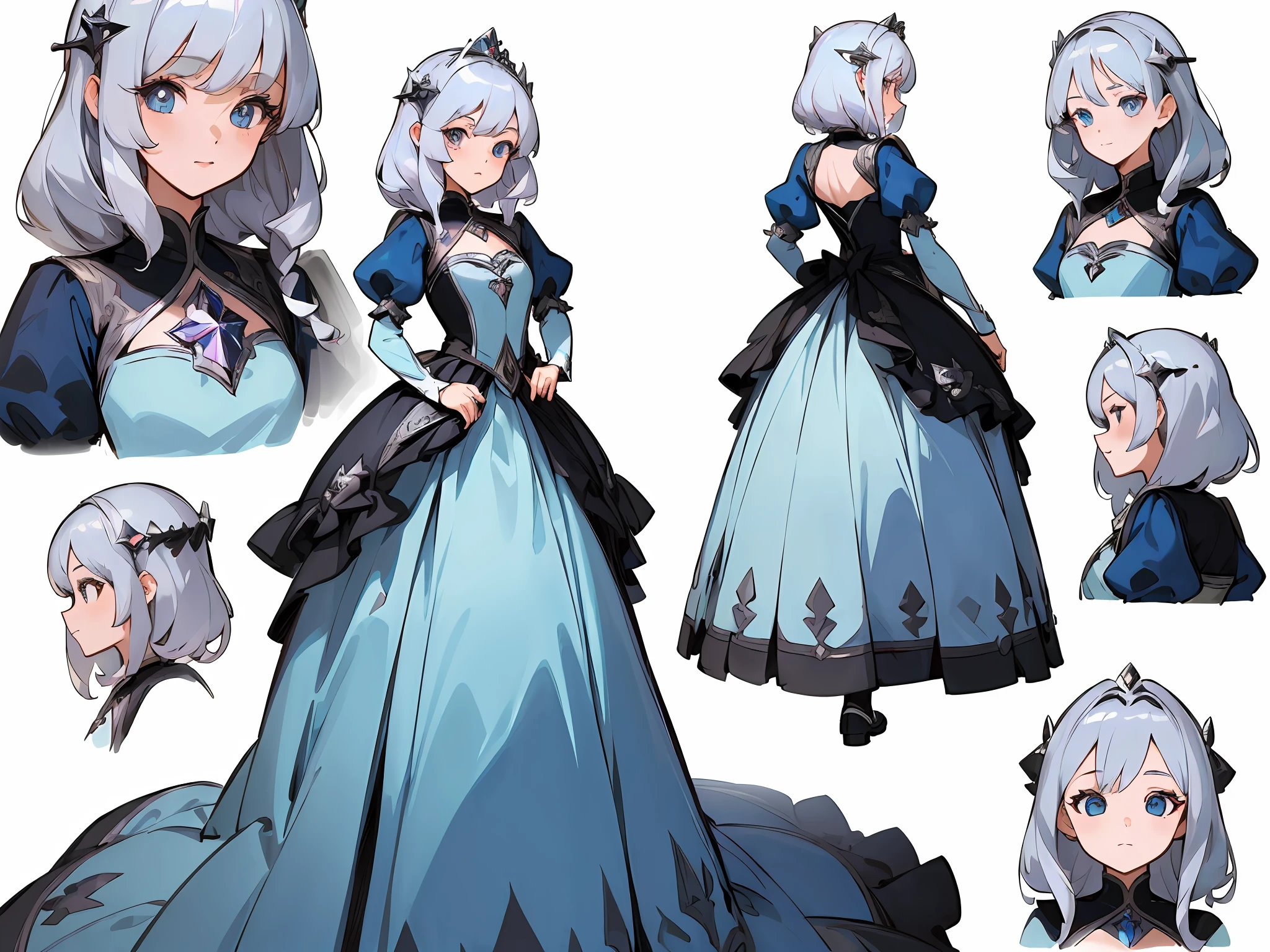 ((masterpiece)),(((best quality))),(character design sheet,same character,front,side,back),illustration,1 girl,silver hair,princess cut,hair on eyes,beautiful eyes,environment Scene change, pose too, gorgeous princess dress, magic, charturnbetalora, (simple background, white background: 1.3)