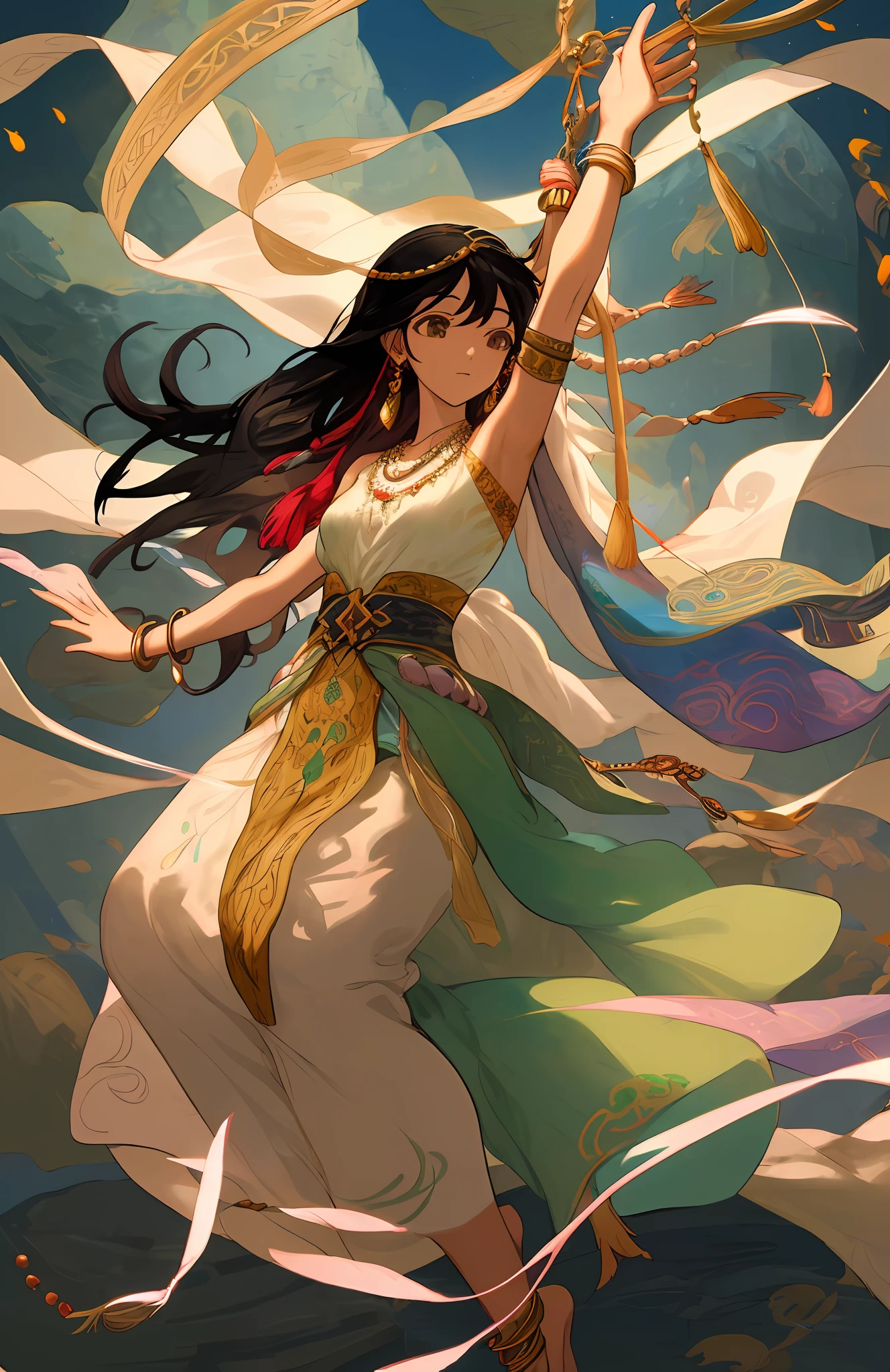 A Nuwa flies up to the sky with both hands holding up a large stone, inspired by Dunhuang flying fresco, gorgeous clothing embroidered with complex embroidery, flowing gauze, arms tied with long and colorful transparent streamers, exposing her navel, shoulders, neck, thick black straight hair, armband, necklace, bracelet, ankle chain, metal chain tassel around the waist, ink, masterpiece, Recent quality, HD detail, 32K